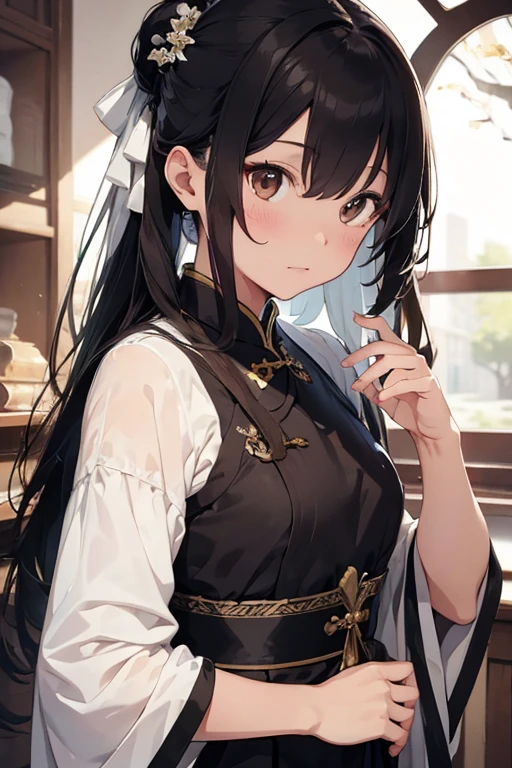 bestquality ,master-piece, illustration, Extremely Delicate and Beautiful, Very detailed , 1 Boy, Long hair pulled back, Brown eyes, Black Hair, White traditional Chinese dress, spring