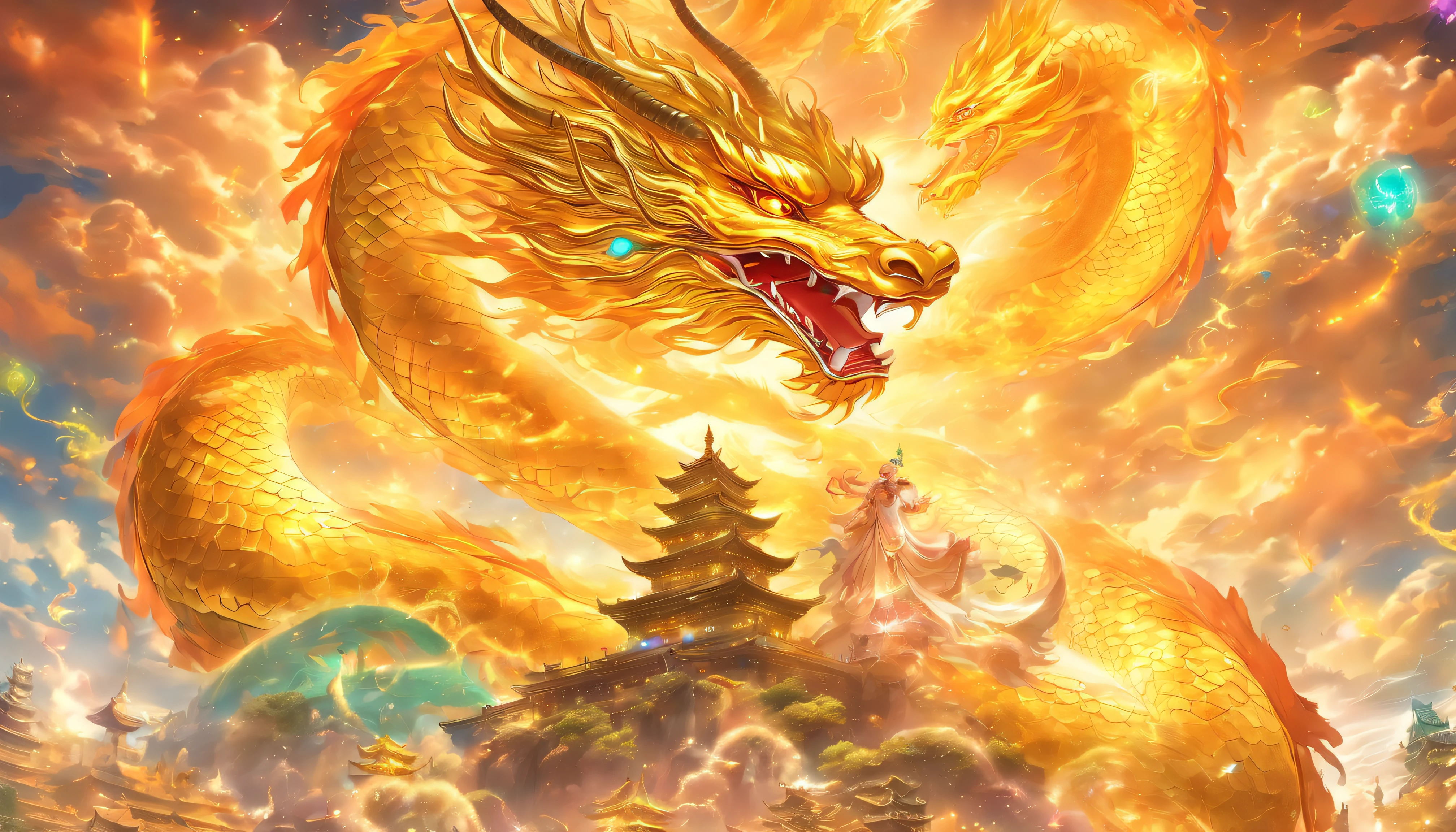 「Illustration of Golden Dragon God。Long as a snake、Upp、Thang Long、sunny clear sky、Spiritual、Spiritual、Chakras、Spiritual world、like a dream」