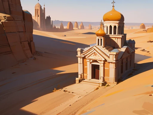 Orthodox russian church made of sandstone in the arid desert