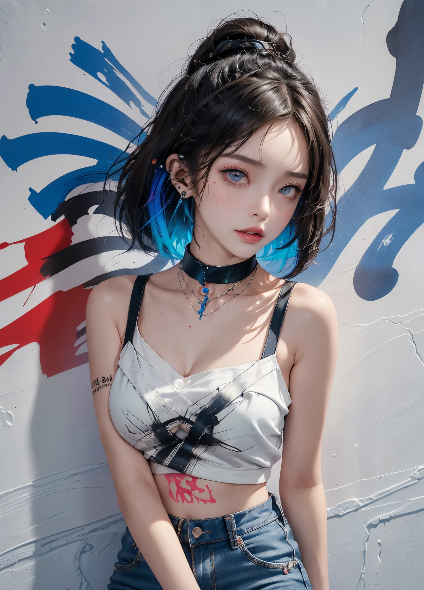 tmasterpiece, Best quality, 1 Sister, 独奏, short crop top, denim short, choker necklace, (scribbles:1.5), paint splatter, place one's arms behind one's back, against a wall, looking at viewert, armlets, thigh band, Paint on the body, tilt of the head, having fun, The color hair, Water-colored eyes, Earphone,graffiti wall