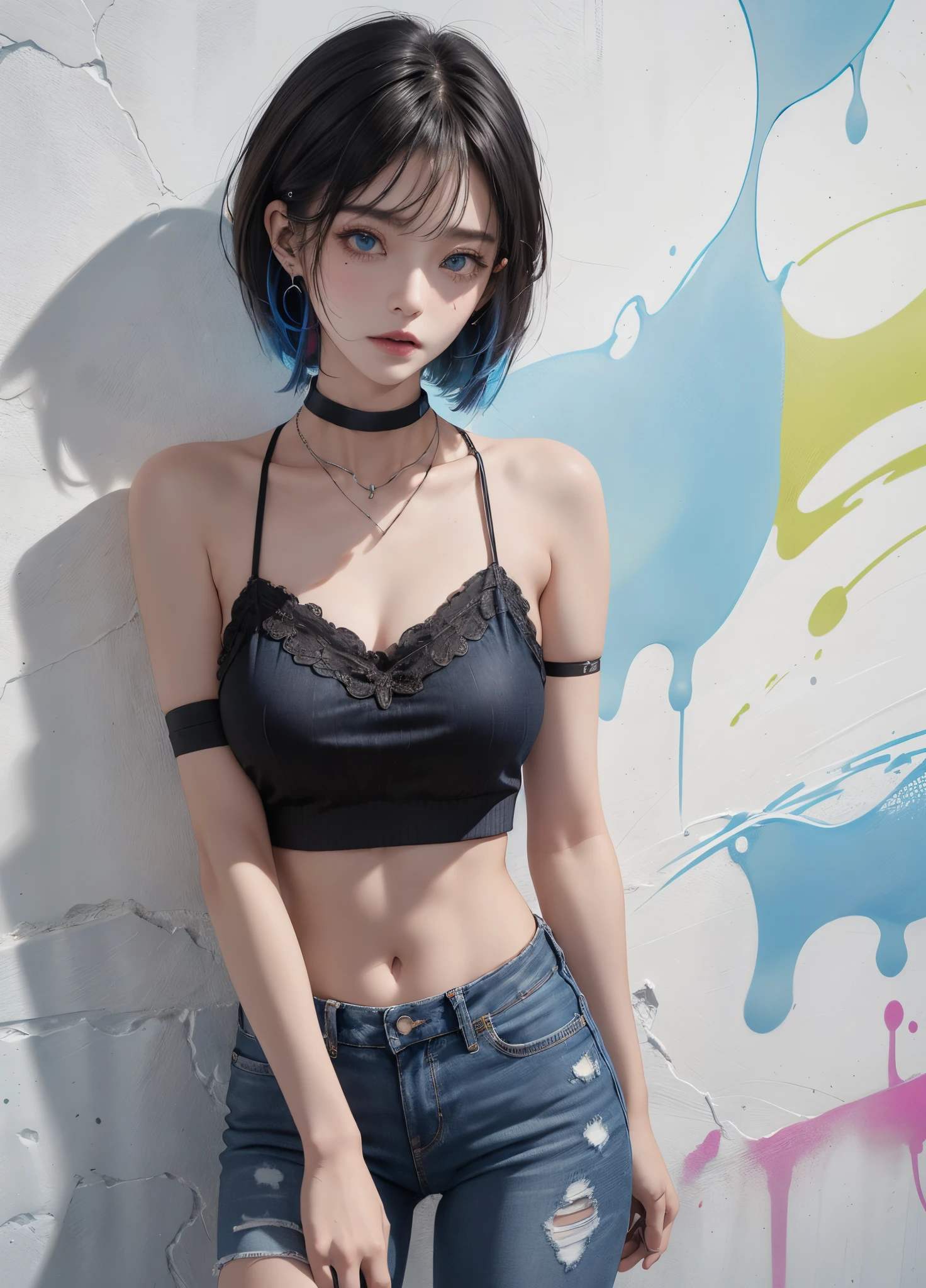 tmasterpiece， Best quality， 1 Sister， 独奏， short crop top， denim short， choker necklace， （scribbles：1.5）， paint splatter， place one's arms behind one's back， against a wall， looking at viewert， armlets， thigh band， Paint on the body， tilt of the head， having fun， The color hair， Water-colored eyes， Earphone，graffiti wall