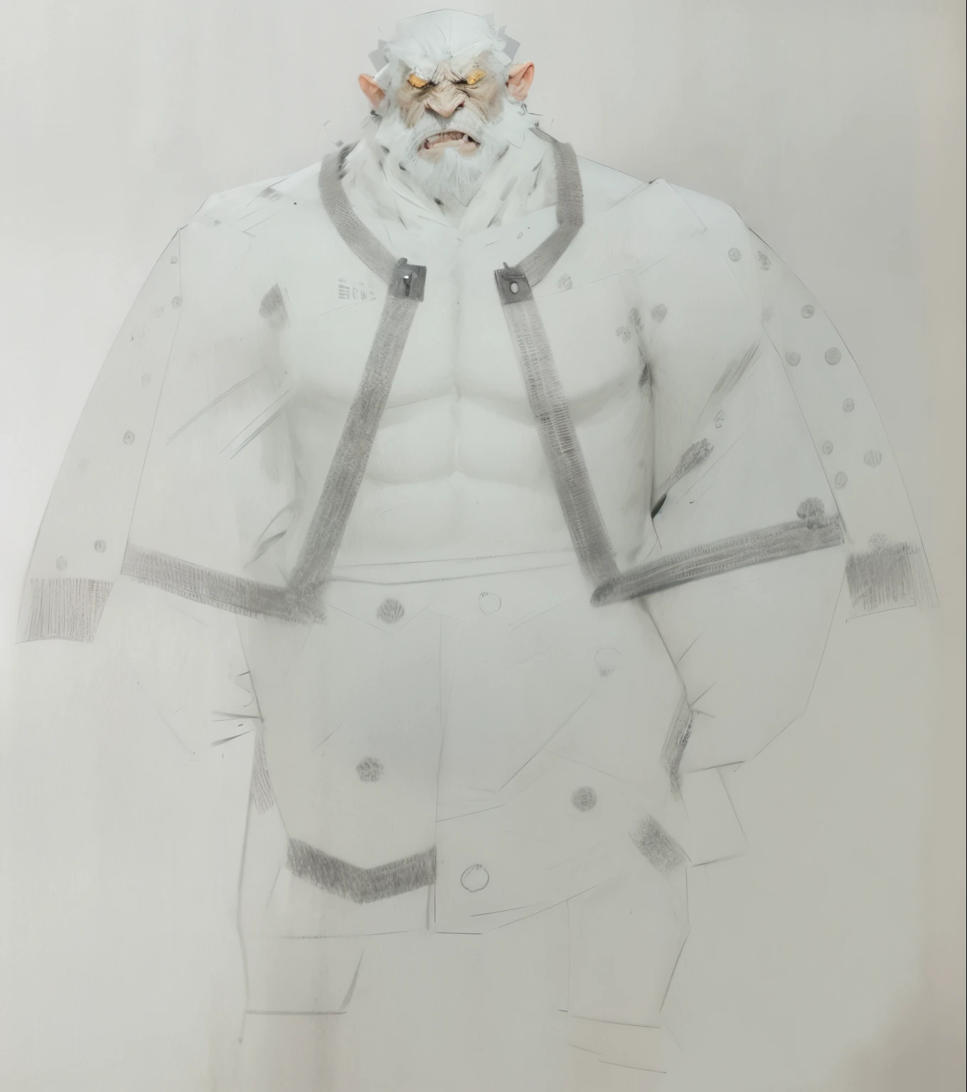 One with a beard、Drawing of man wearing jacket, muscular character, as an ugly titan, Angry muscular army general, Male warrior pictures, Sumo wrestler, detailed full-body concept, character drawing, complex fantasy characters, dnd goliath character concept, concept art of a warrior, Wario as Armored Titan, detailed but rough, orc themed