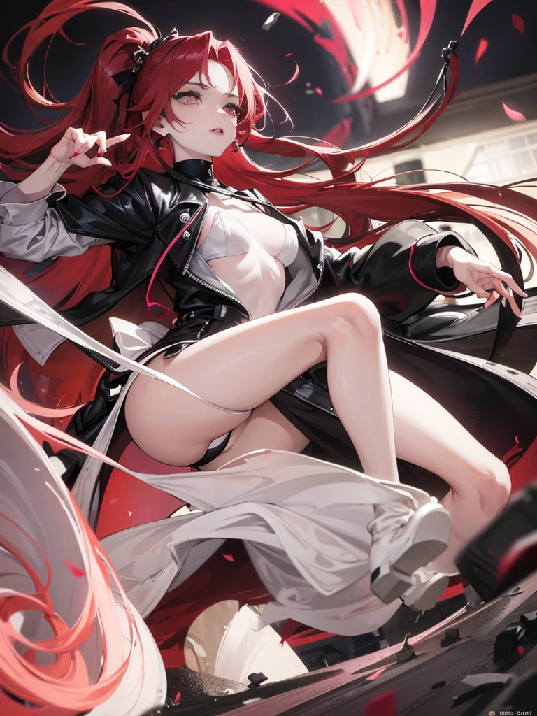18 year old girl with long red hair, heterochromatic eyes, pale skin, small tits, Wearing a black coat and a refreshing pink blouse, With a more elegant and sophisticated touch, Match her mysterious and intense personality. Overall, Her appearance is impressive, Attract curious and intriguing looks, flat-chest, Cinematic lighting, chromatic abberation, Backlighting, masutepiece, high details, High quality, 32K、Bare skin visible through torn clothes、Pose Seductive