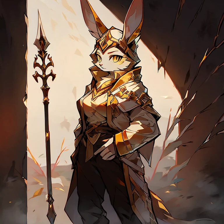 ( female white bunny)   ( guarding the titan ancient door  )   (Black pants )   (yellow  eyes ) ( holding Spear)   ( detail)  ( white cloak with golden pattern on it) ( tall)  ( white fur)