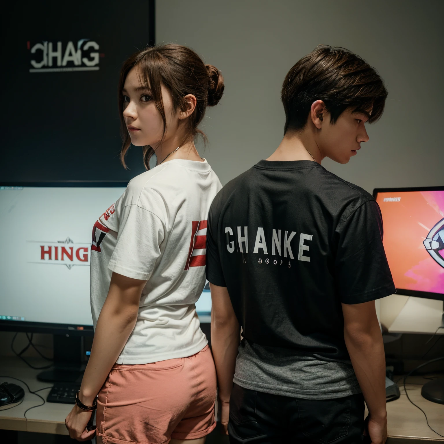 HD image couple young boy his shirt writting "Chase" and young girl her shirt writting "Trinket" anime gamming sport side view with [Evil back ground] facing back with Mobile Legends Bang Bang HD image