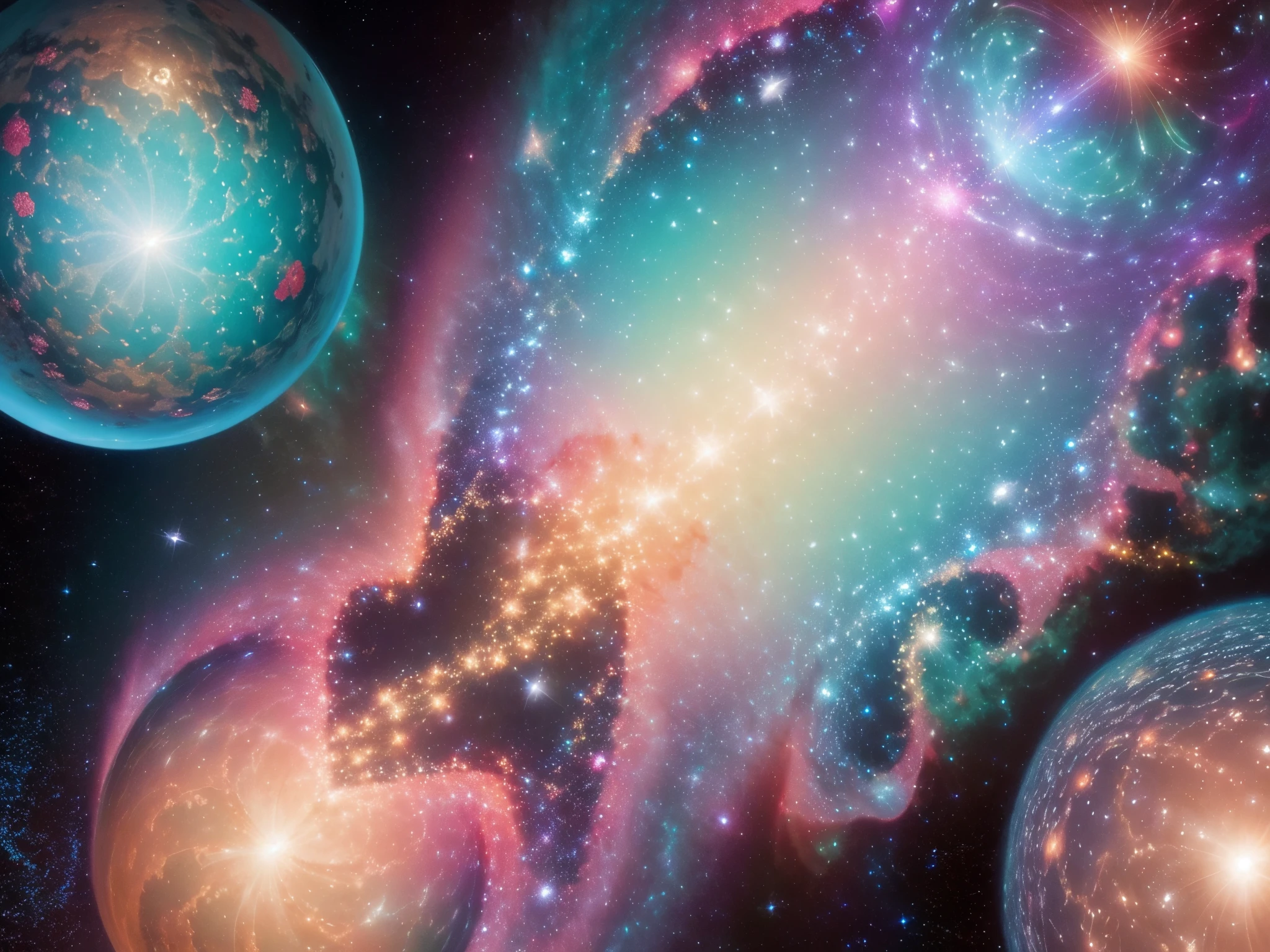 Illustrate a scene in the cosmos where celestial beings exchange ethereal presents surrounded by 3D Christmas ornaments and fractal nebulae. enormous tits