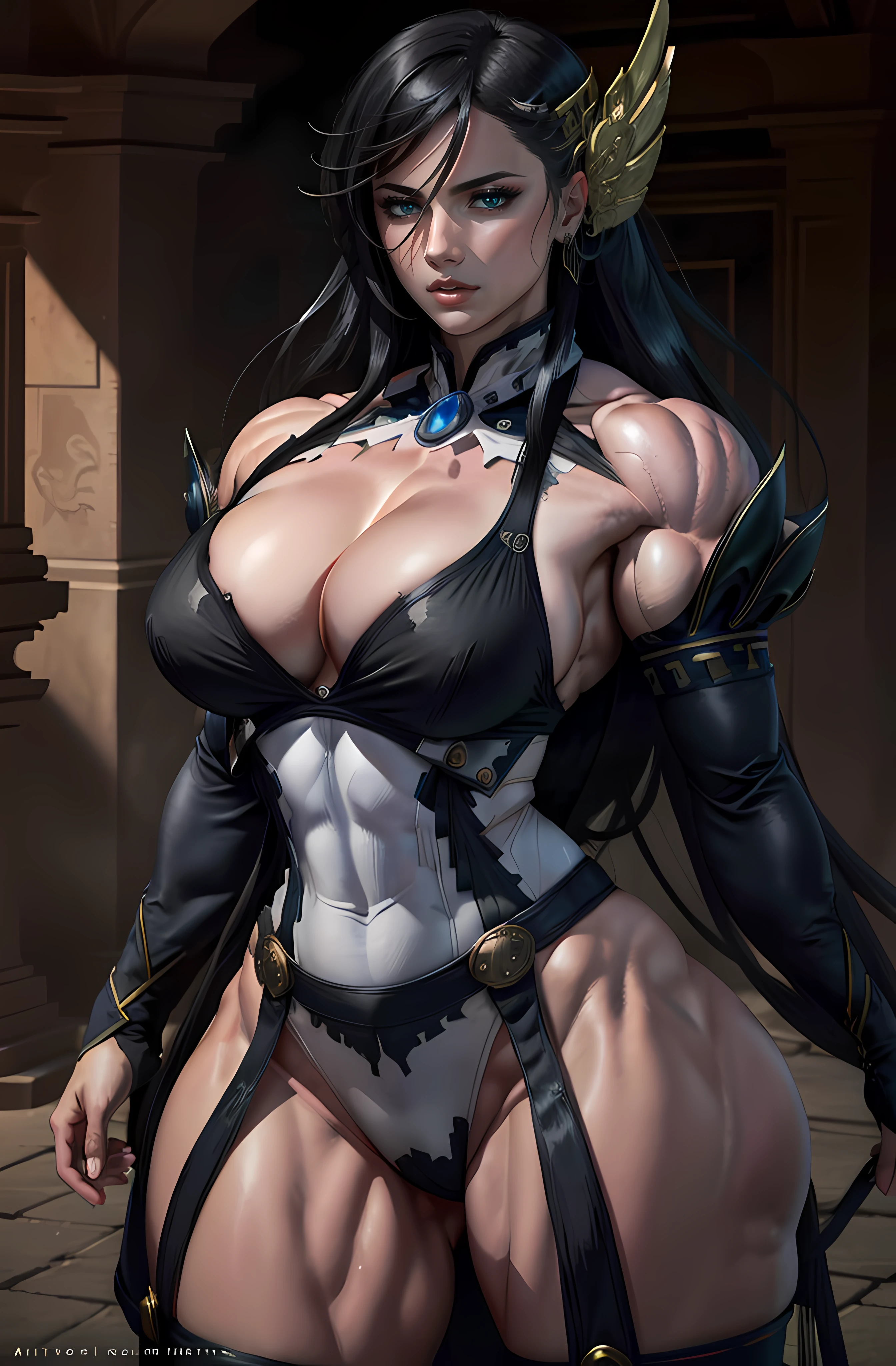 ((masterpiece, ultra detailed)), 1girl, solo, (upper body portrait), brunhilde, green eyes, black hair, hair ornament, (stunningly beautiful), large breasts, beautiful face, beautiful eyes, battle-stance ready, dynamic pose, nier anime style, dark theme, volumetric lighting, crespucular rays, dramatic lighting, godrays, dark lighting, (ornate), digital art, trending on artstation, award winning, fascinating, elegant, RAW photo, absurdres, 8k uhd, ((((huge muscles))))