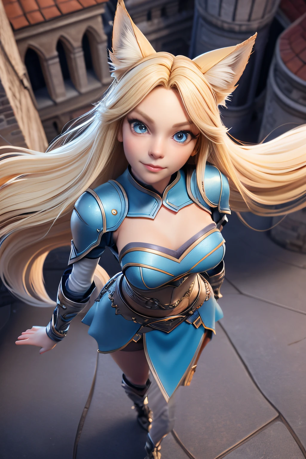 Beautiful 1girl, full body, ager, solo, (very long waist length blonde hair, straight blonde hair: 1.28), ((light blue eyes)), clear skin, (large darker fox ears: 1.35), pale skin, medium breasts, cleavage, (thin hips, thin waist , athletic body: 1.25), background, looking away, ((wearing leather Warcraft leather armor, leather warrior skirt, sky blue leather: 1.1), looking at viewer, (walking, reaching to camera, looking up at viewer: 1.22),), on castle rooftop, masterpiece, best quality,3d rending work ,3DMM style, close-up, portrait, 3D,