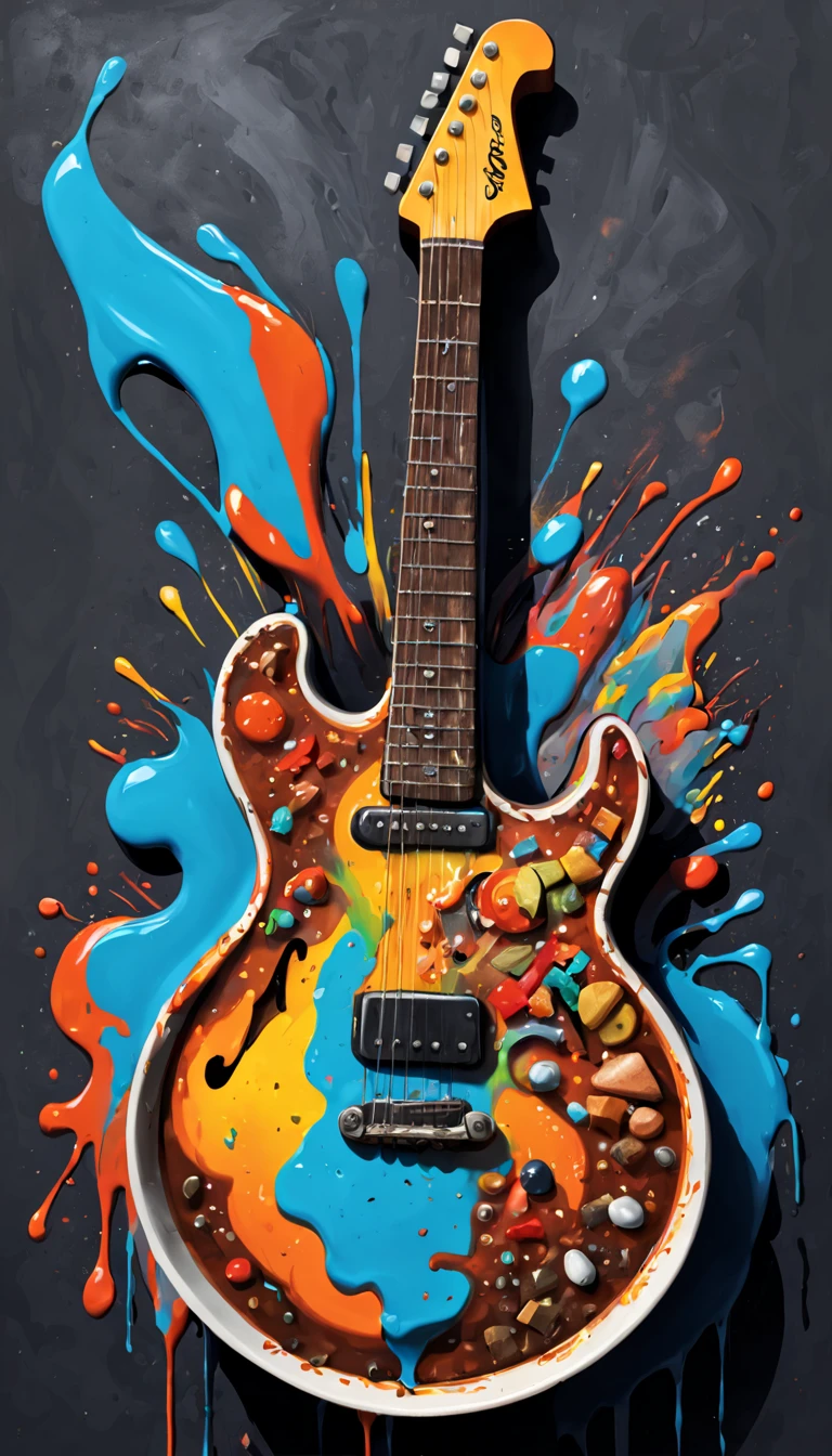 Bowl of stew with Guitar on top, graffiti art, splash art, street art, spray paint, oil gouache melting, acrylic, high contrast, colorful polychromatic, ultra detailed, ultra quality, CGSociety