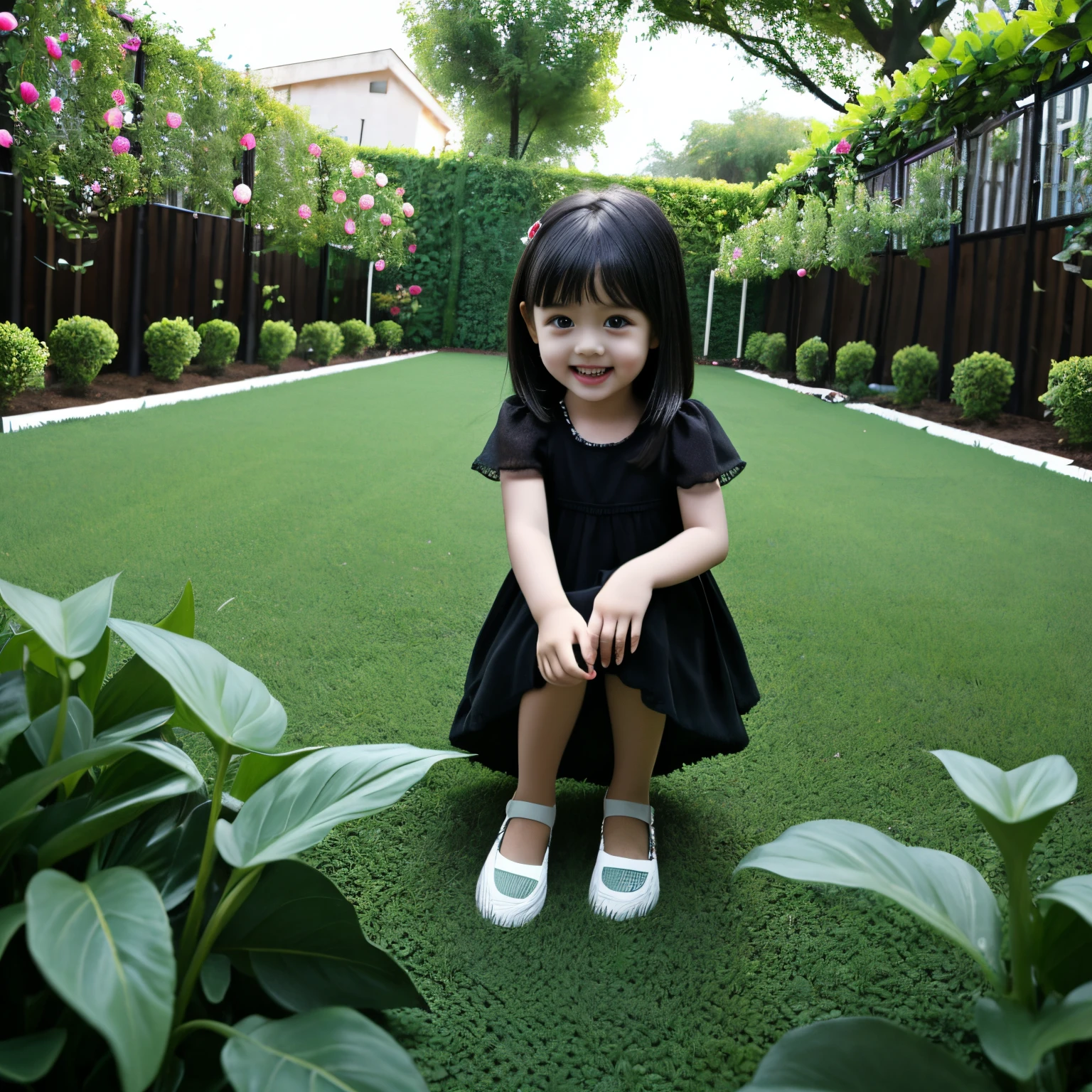 3--old l, Innocence, black color hair, Garden background, ultra HD picture quality, having fun, adolable, Full body like, aqua eyes, ray tracing, first-person view, Social realism, masterpiece, high details