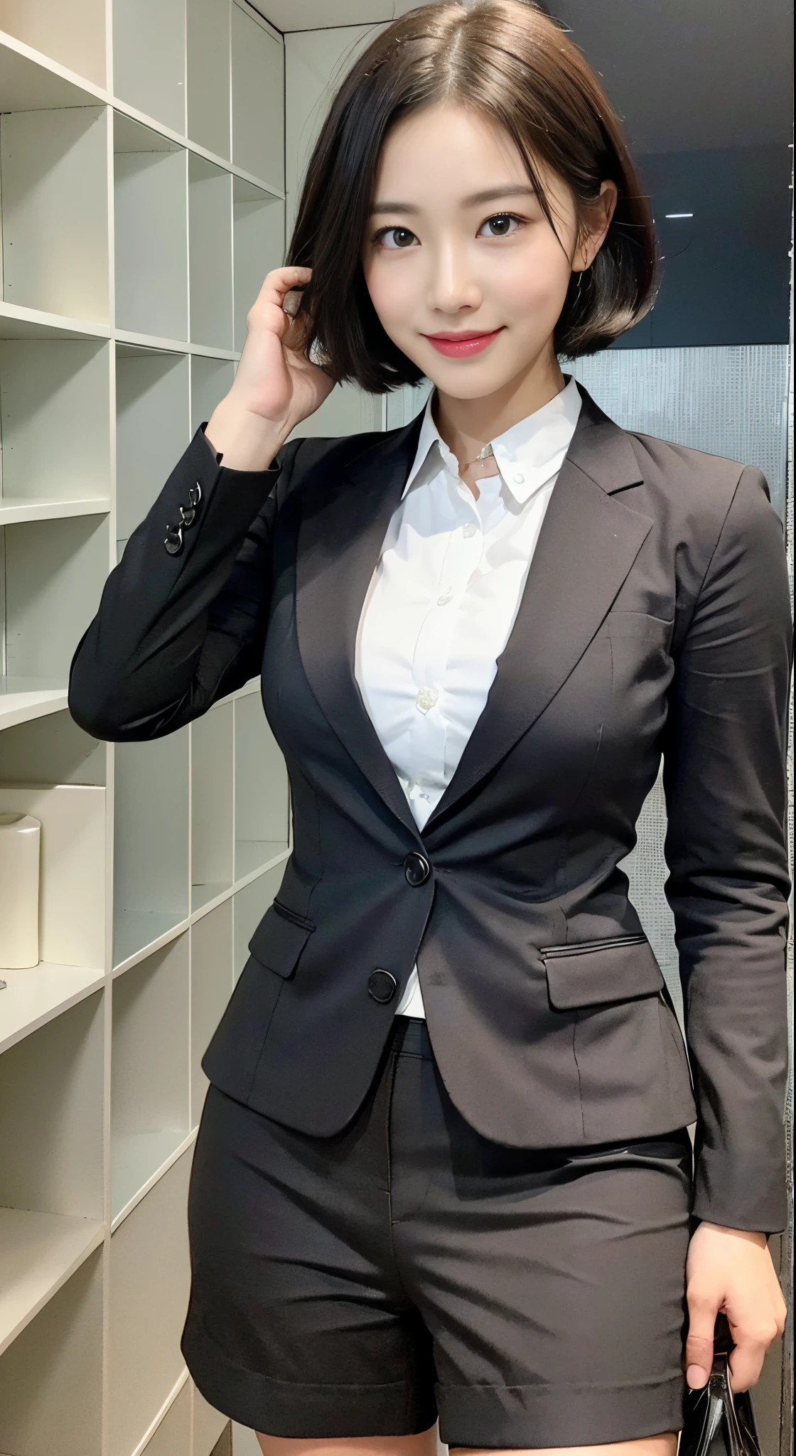 ((8K、ighly detailed、acurate、top-quality、Award-winning、masterpiece:1.hot rare sim:1.4)、Textured skin、tre anatomically correct、1girl in、beauty with perfect body:1.4、wearing black suit:1.3、Business suits、Office Jacket、Office Skirt、Black tie、Stockings、short-hair、Clear face、Delicat eyes、二重まぶた、Whitened skin、photorealisim、Highly fine and detailed jewelry、half smile、Inside the office