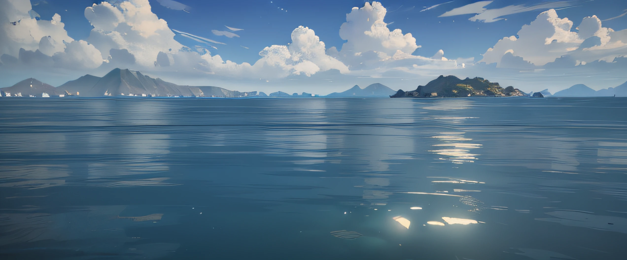 In the foreground is a calm lake,There are low mountains in the distance, volumetric light water, Rendering in cryengine, calm ocean, Detailed view – width 672, rendered in unrealengine, volumetric water, ancient chinese background.New Chinese,Makoto Shinkai's style,Blue sea, calm ocean landscape