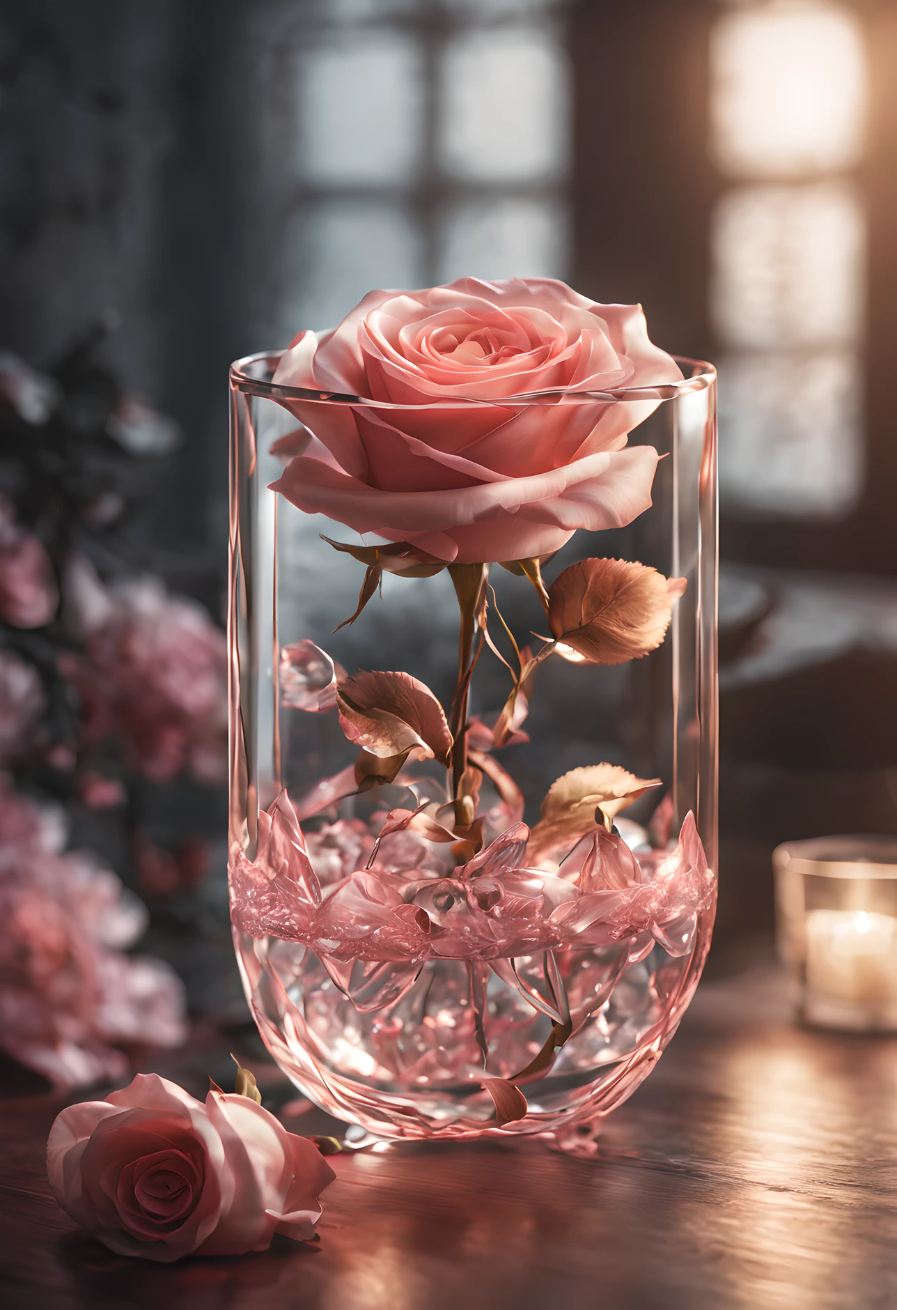 there is a glass vase with a rose in it on a table, beautiful art uhd 4 k, translucent roses ornate, beautiful iphone wallpaper, beautiful wallpaper, phone wallpaper hd, hd phone wallpaper, beautiful digital art, amazing wallpaper, glowing flowers, luminous flowers, very beautiful digital art, beautiful flowers and crystals, melanchonic rose soft light, beautiful gorgeous digital art