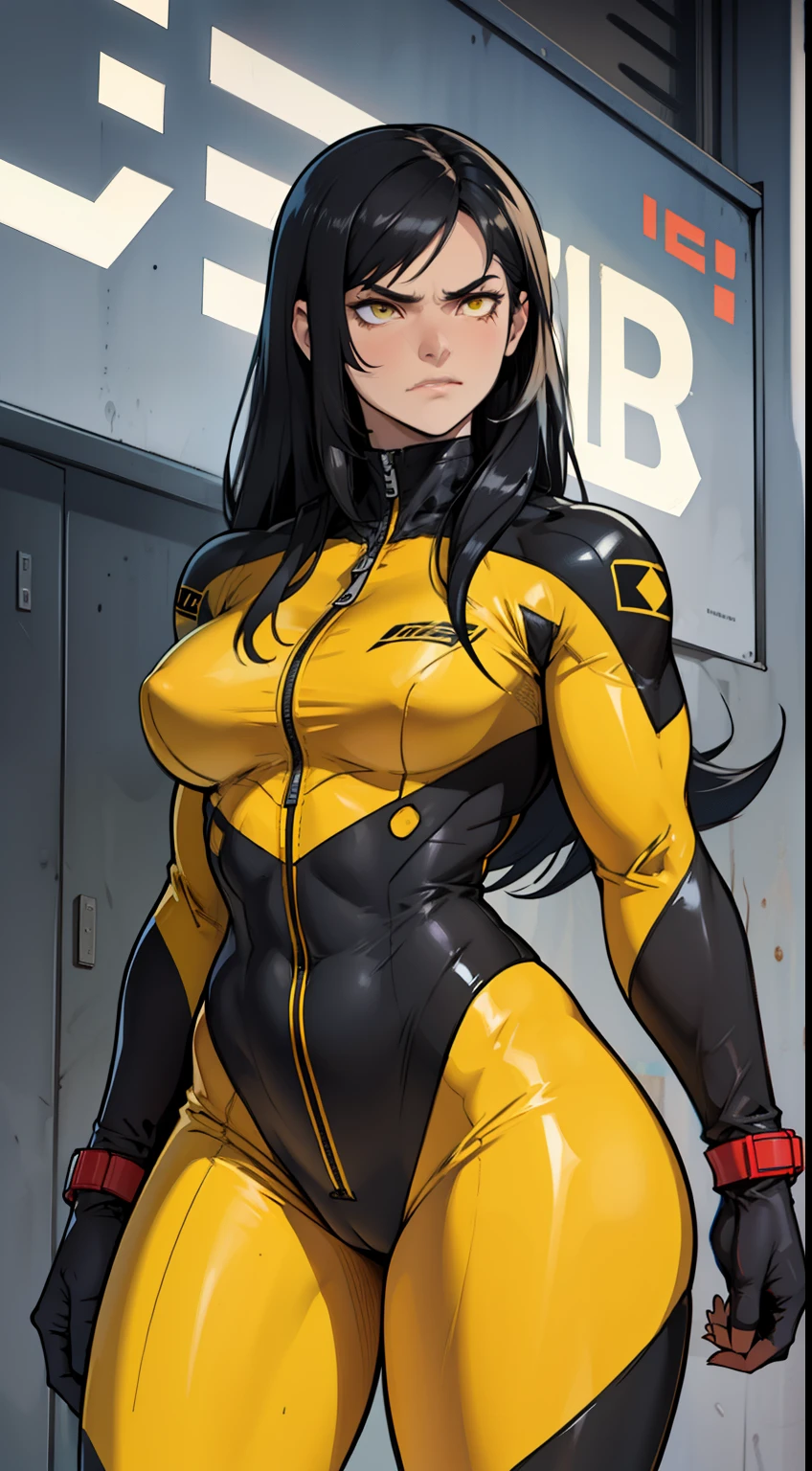 1 girl has black hair, yellow eyes, Very long hair, pale-skinned, angry muscles, Thigh thick, Huge curves, Wide hips, Slim waist, pilotsuit, tightsuit, tightsuit
