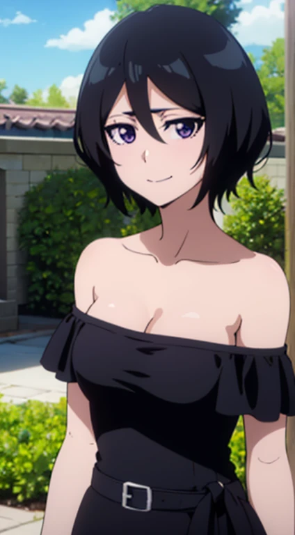 anime screencap, garden background, outside, sunny day, 1 girl, solo, mouth open, smile, short hair, black hair, purple eyes, black dress, Ruffle Off-the-Shoulder Top, Off-the-Shoulder Dress, Strapless black Dress, bare arms, maxi dress, bare shoulders, looking at viewer, hair between eyes, close up.