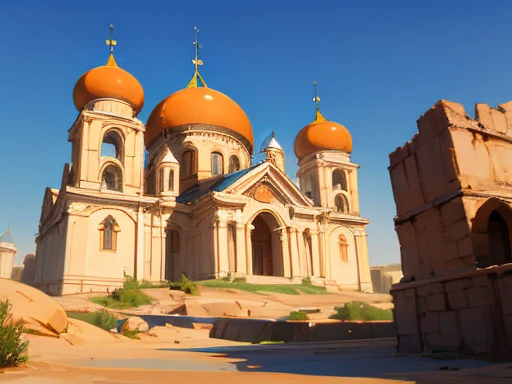 Orthodox russiqn church made of sandstone in Tatooine style