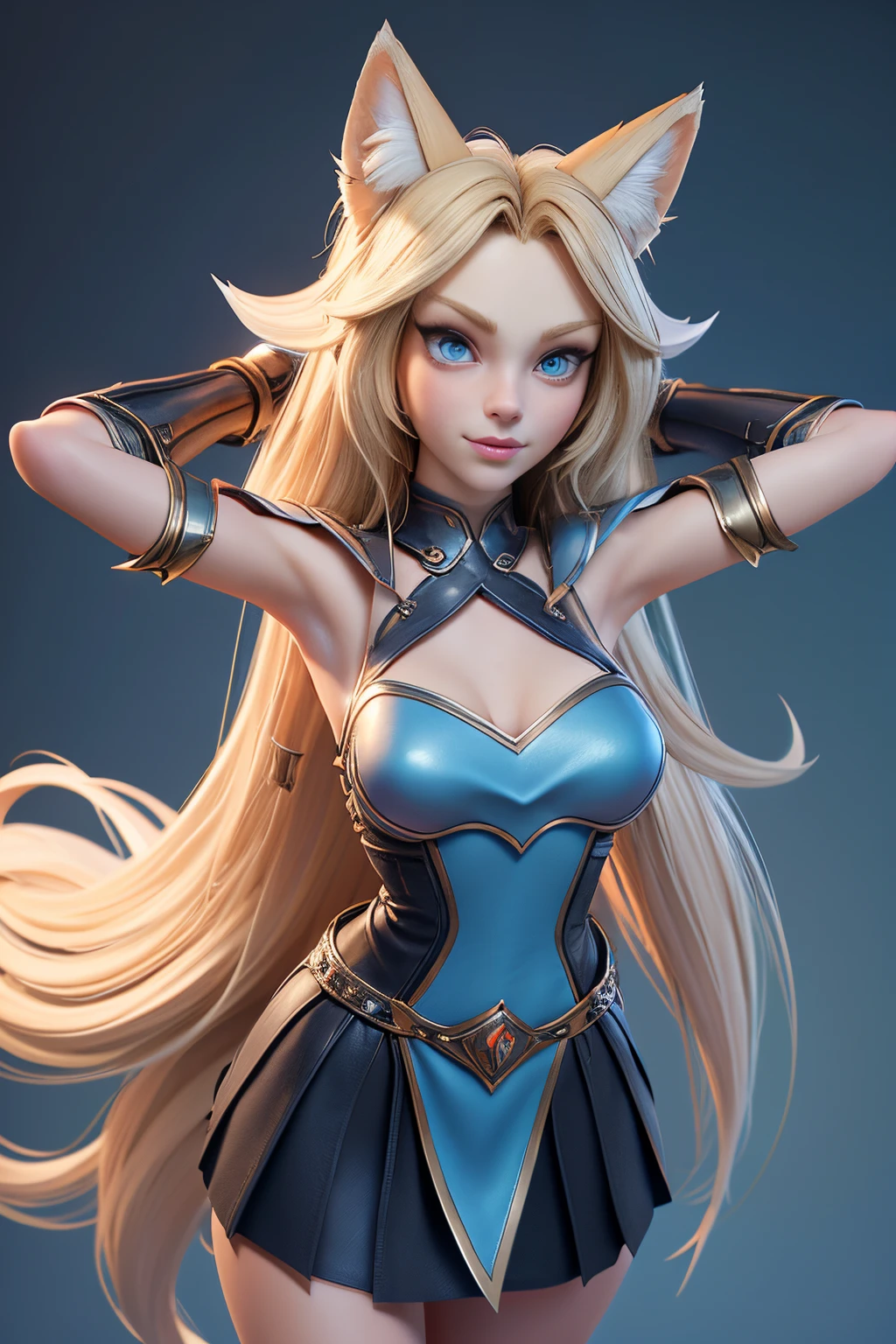 Beautiful 1girl, full body, ager, solo, (very long waist length blonde hair, straight blonde hair: 1.28), ((light blue eyes)), clear skin, (large darker fox ears: 1.35), pale skin, medium breasts, cleavage, (thin hips, thin waist , athletic body: 1.25), background, looking away, ((wearing leather Warcraft leather armor, leather warrior skirt, sky blue leather: 1.1), looking at viewer, (walking, arms behind head, looking up at viewer: 1.22),), on castle rooftop, masterpiece, best quality,3d rending work ,3DMM style, close-up, portrait, 3D,