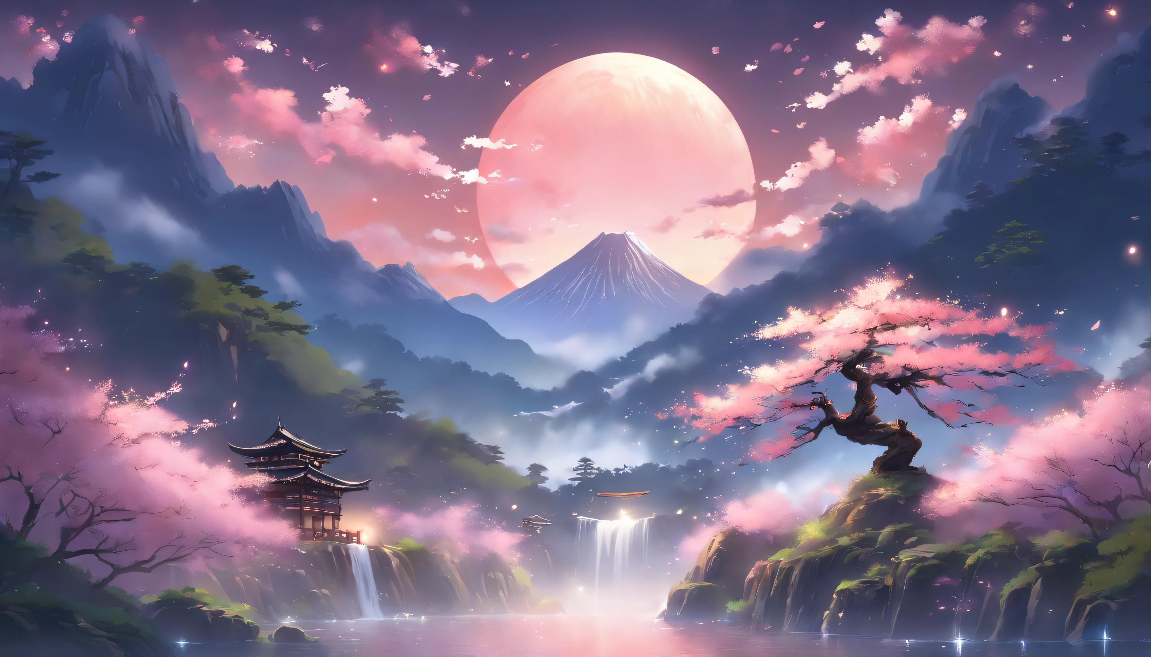 "Create images of tranquil scenes bathed in soft moonlight. At the front desk, There is a lush, Stretching grassland under the gentle night sky. Majestic waterfalls cascade down rocky cliffs in the distance, The cascading water sparkled in the silver light of the moon.
Cherry blossom trees on both sides of the field, Delicate pink flowers bloom. A gentle breeze,Sakura leaves fluttering in the wind, Create a poetic and dreamy atmosphere.
Standing at the center of this picturesque landscape is a lone samurai, Wearing traditional armor, In one hand he holds a gleaming katana. The moonlight casts a brilliant light, The ethereal aura surrounding the samurai, Increase his inner strength and determination.
at a distant distance, Towering mountains are looming, Their jagged peaks disappear into the night. The entire scene is a harmonious blend of natural beauty and the stoic presence of the samurai, Containing the tranquility and strength of this moment."