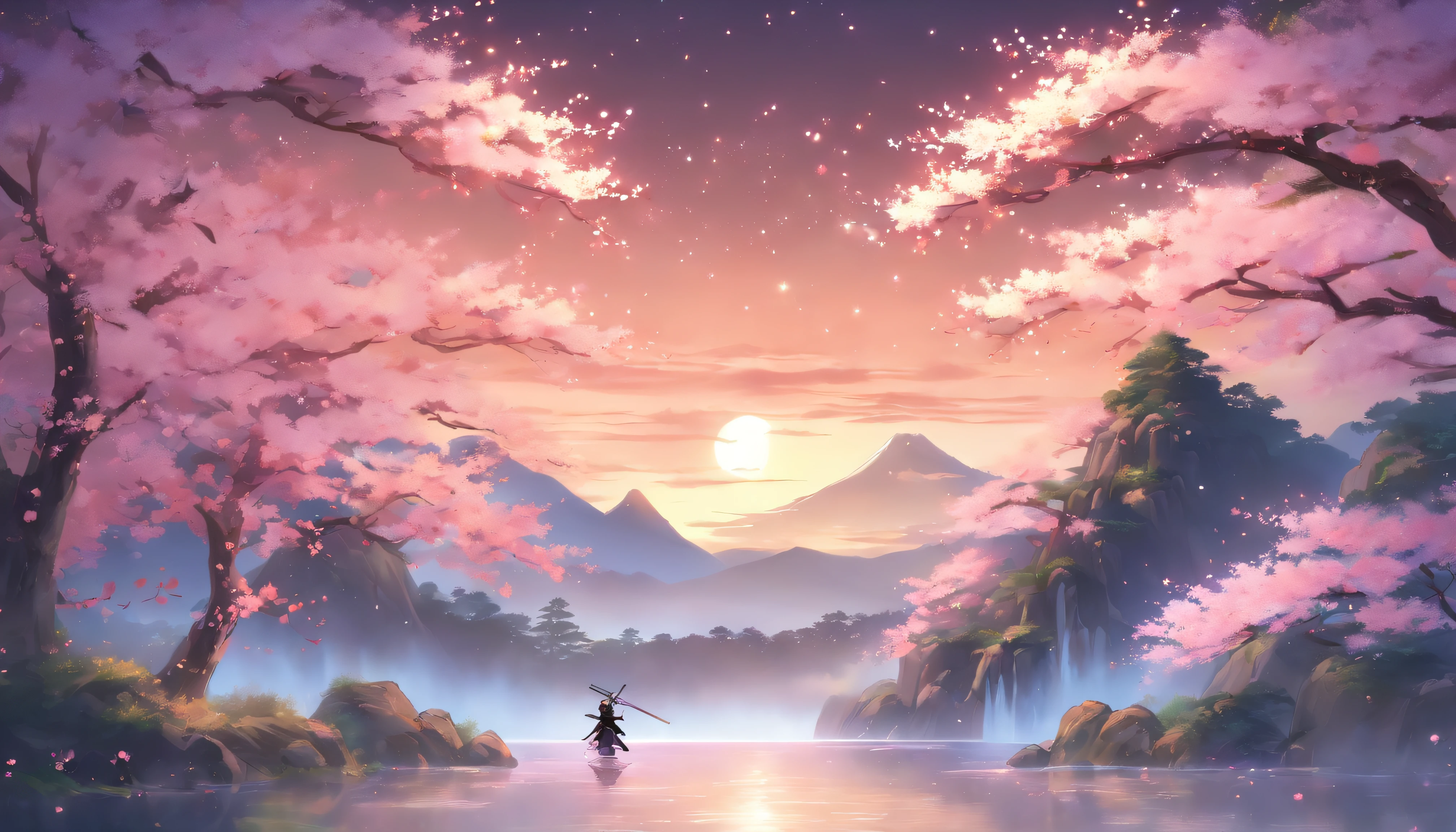 "Create images of tranquil scenes bathed in soft moonlight. At the front desk, There is a lush area, Stretching grassland under the gentle night sky. Majestic waterfalls cascade down rocky cliffs in the distance, Running water sparkles in the moonlight.
Cherry blossom trees on both sides of the field, Delicate pink flowers bloom. a gentle breeze,Sakura leaves fluttering in the wind, Create a poetic and dreamy atmosphere.
Standing at the center of this picturesque landscape is a lone samurai, Wearing traditional armor, In one hand he holds a gleaming katana. The moonlight casts a brilliant light, The ethereal aura surrounding the samurai, Increase his inner strength and determination.
at a distant distance, Towering mountains are looming, Their jagged peaks disappear into the night. The entire scene is a harmonious blend of natural beauty and the stoic presence of the samurai, Contains the tranquility and power of this moment."