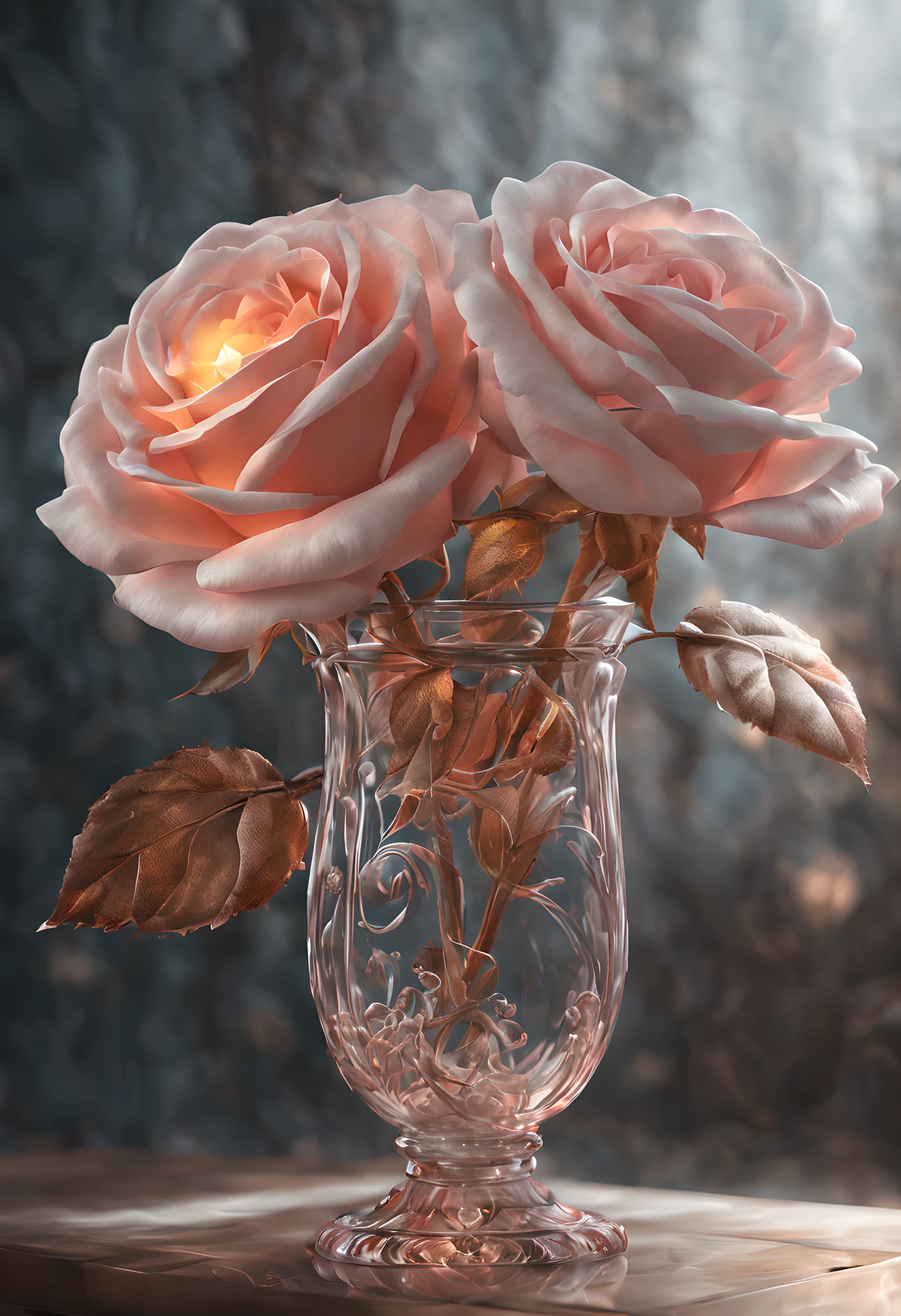 there is a glass vase with a rose in it on a table, a 3D render by Nikita Veprikov, behance contest winner, romanticism, beautiful art uhd 4 k, translucent roses ornate, beautiful iphone wallpaper, beautiful wallpaper, phone wallpaper hd, hd phone wallpaper, beautiful digital art, amazing wallpaper, glowing flowers, luminous flowers