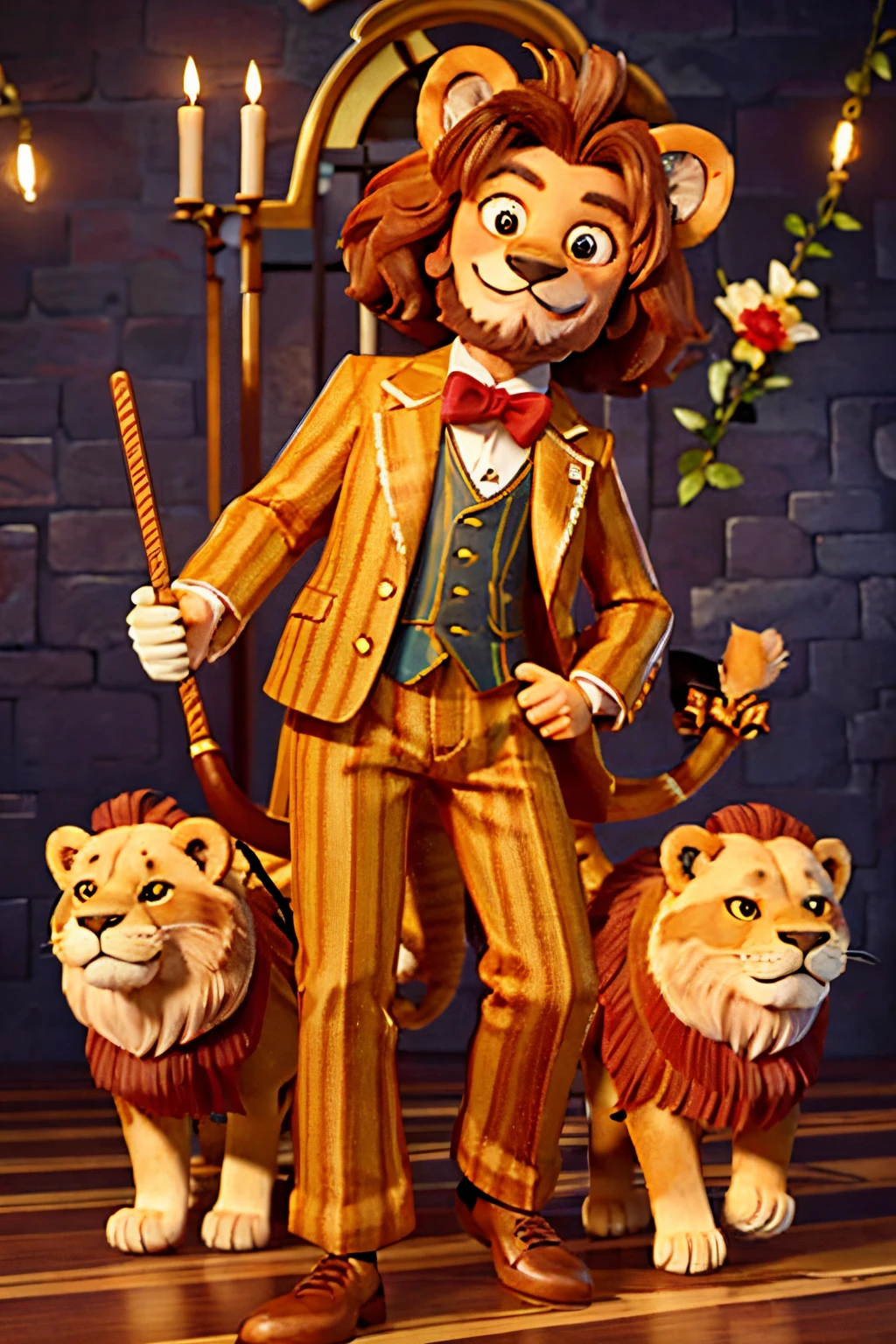 Lion image，Human animal heads，A gentlemanly lion。Wear a striped suit，Holding a small cane，Kind face，Smiling。British vintage style