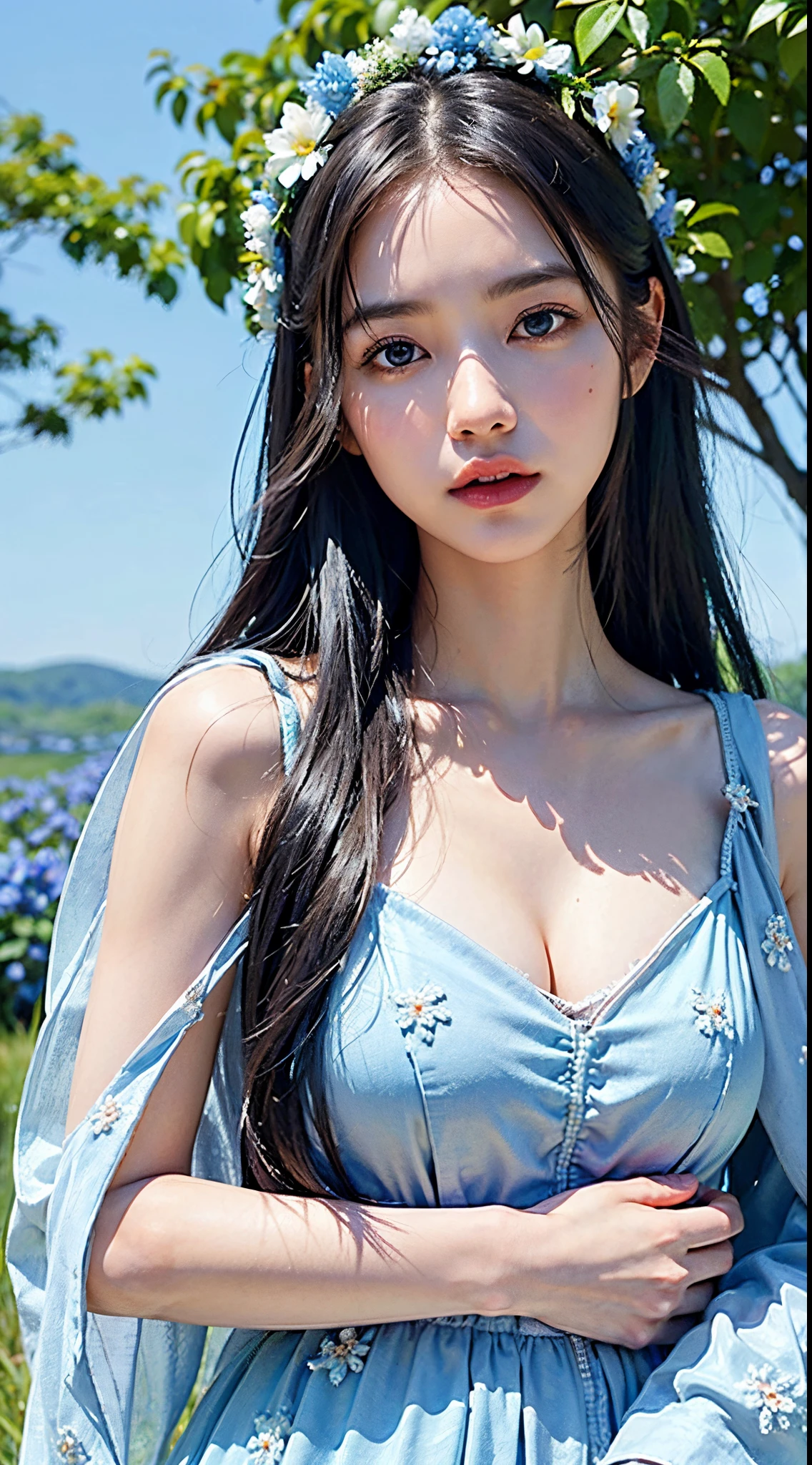 Long hair, hair bang, flower crown, big breast, off shoulder goddess dress, lying in flower field