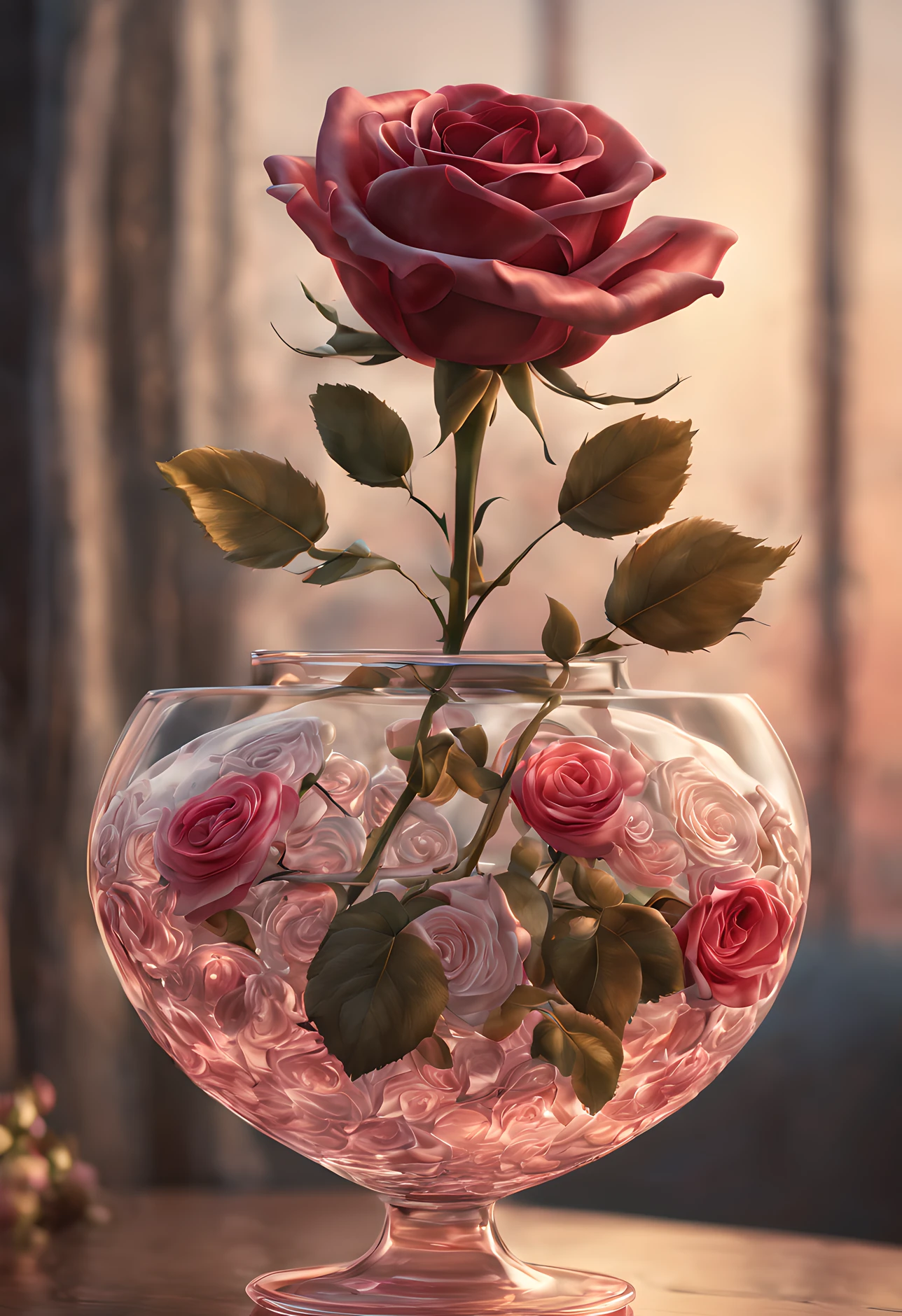 there is a glass vase with a rose in it on a table, a 3D render by Nikita Veprikov, behance contest winner, romanticism, beautiful art uhd 4 k, translucent roses ornate, beautiful iphone wallpaper, beautiful wallpaper, phone wallpaper hd, hd phone wallpaper, beautiful digital art, amazing wallpaper, glowing flowers, luminous flowers