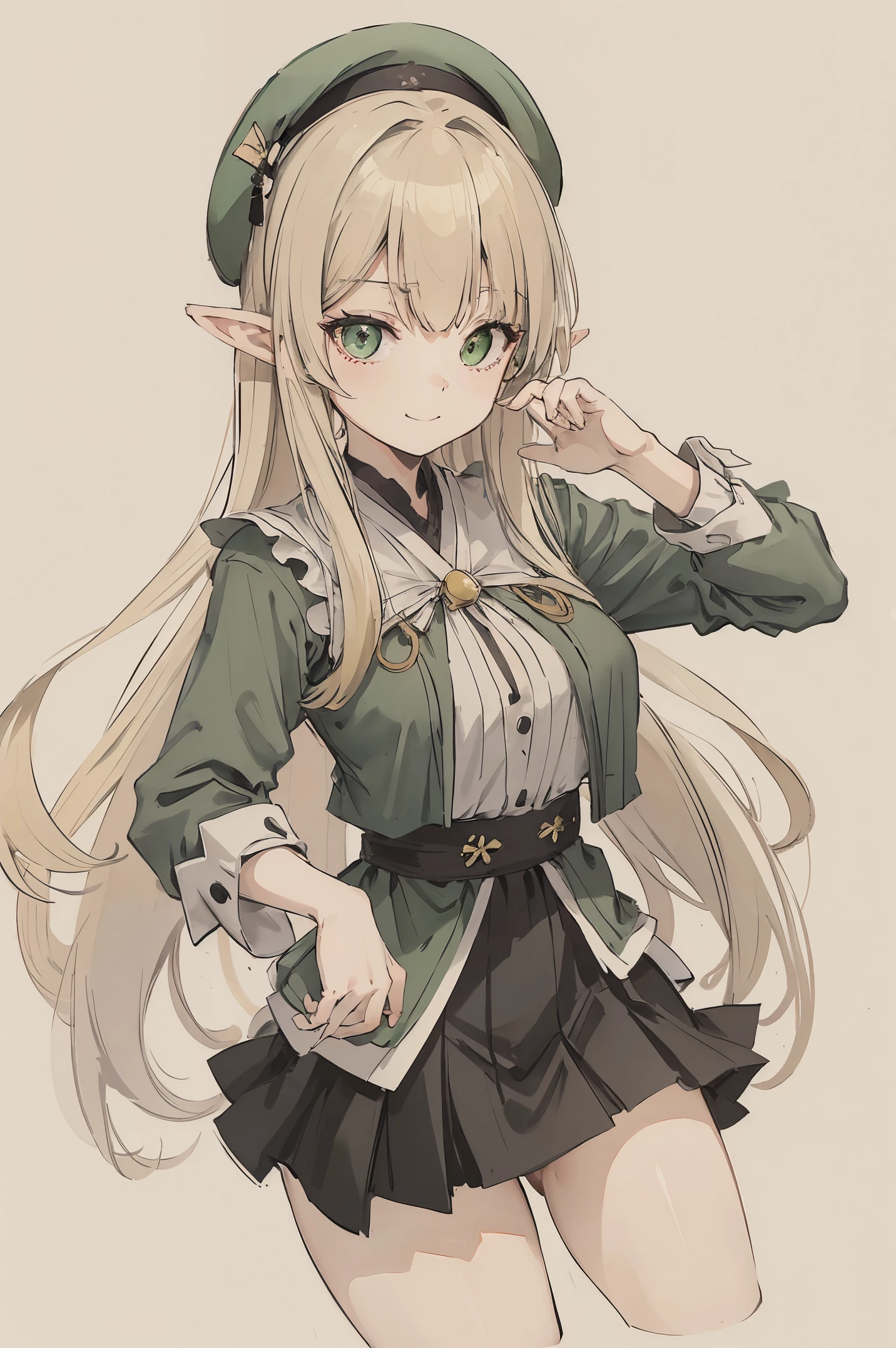 sparrow, a blonde haired girl, wearing a villager clothes, long hair, hair, black skirt, green villager uniform, slim body, , curious face, praying pose, seductive smile, mini skirt, green beret, big breasts, she close her left eye, elf, pointy ears