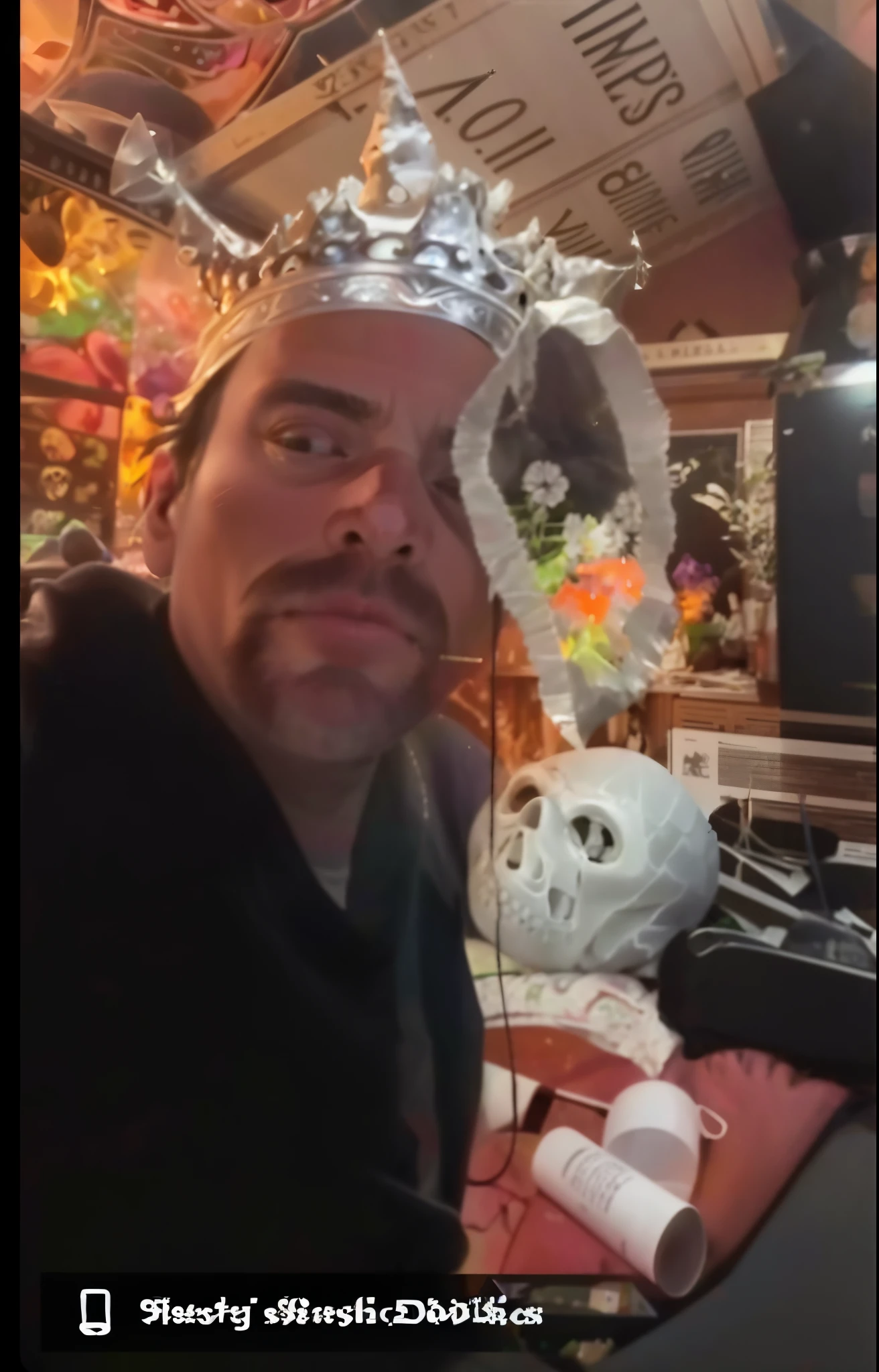 there is a man wearing a tinfoil crown in a room, trash bag on head, h3h3, with a weird hat, crown on head, wears a destroyed hat, wearing a crown, vinny vinesauce, , , his head is a skull, jordan peterson as a lobster, dmt trip,. digital rendering of "Digital rendering of a man sitting alone in a dimly lit room, wearing a mismatched tin foil headdress resembling a tinfoil crown, trash bag pulled over his head with eyeholes cut out, holds a crushed plate crown in one hand and a weird twisted hat in the other. Inspired by bizarre internet humor and an undefined 'something awful' aesthetic combining, Vinesauce, surreal, and vivid DMT hallucinations. Rendered in lush psychedelic colors with intricate symbolic details, his head morphs between human and skull, the room transforms around him, intense fractal textures and patterns emerge throughout. Inspired by the thought-provoking surrealism of visionary artists like Zdzisław Beksiński, Hieronymus Bosch, and MC Escher blended with the mind-bending dream logic of a therapeutic DMT trip. Intricately handcrafted digital media concept art style. "