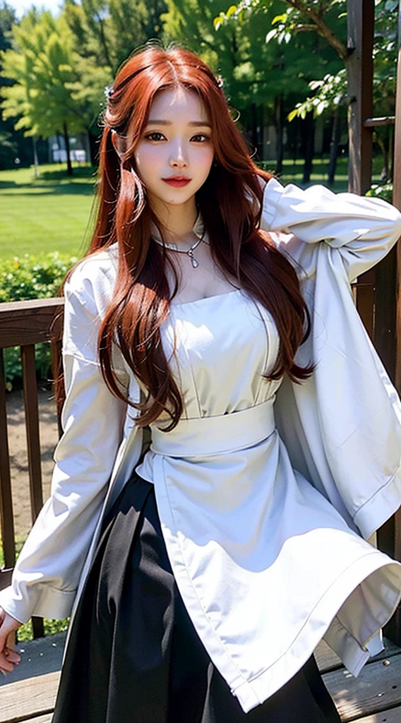 (best quality,8k wallpaper,masterpiece:1.2),long-haired girl,red-haired,lonely,skirt,red eyes,gazing at the audience,long-sleeved,permanent,architecture,white dress,gloves,hair accessory,black jacket,smiling,flowing hair,Dutch angle,closed mouth,looking elsewhere,outdoor activity