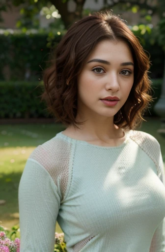 beautiful gorgeous glorious bollywood actress, standing in garden, wearing knitted bodycon dress, pretty face, beautiful glorious face, very fine face details, bright eyes, red lipstick, thin nose, burgundy hair, bob cut, curls, big natural alluring breasts, round breast, not sagging, hourglass figure, perfect body, 4K details, ultra high resolution, skin fine details, full body photoshoot