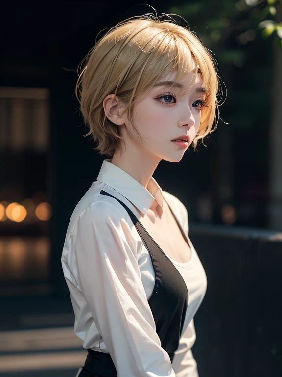 photorealistic portrait, shooting imaging , asian women, Short blonde hairstyles, White long-sleeved shirt outside , Black tie, He wore a white tank top and black pants., blur background ,