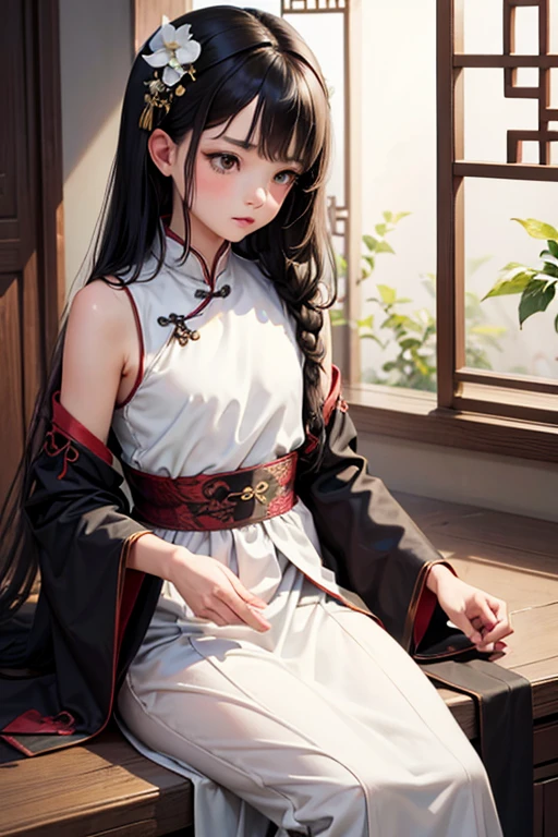 bestquality ,master-piece, illustration, Extremely Delicate and Beautiful, Very detailed , 1 Boy, Long hair pulled back, Brown eyes, Black Hair, White traditional Chinese dress, spring