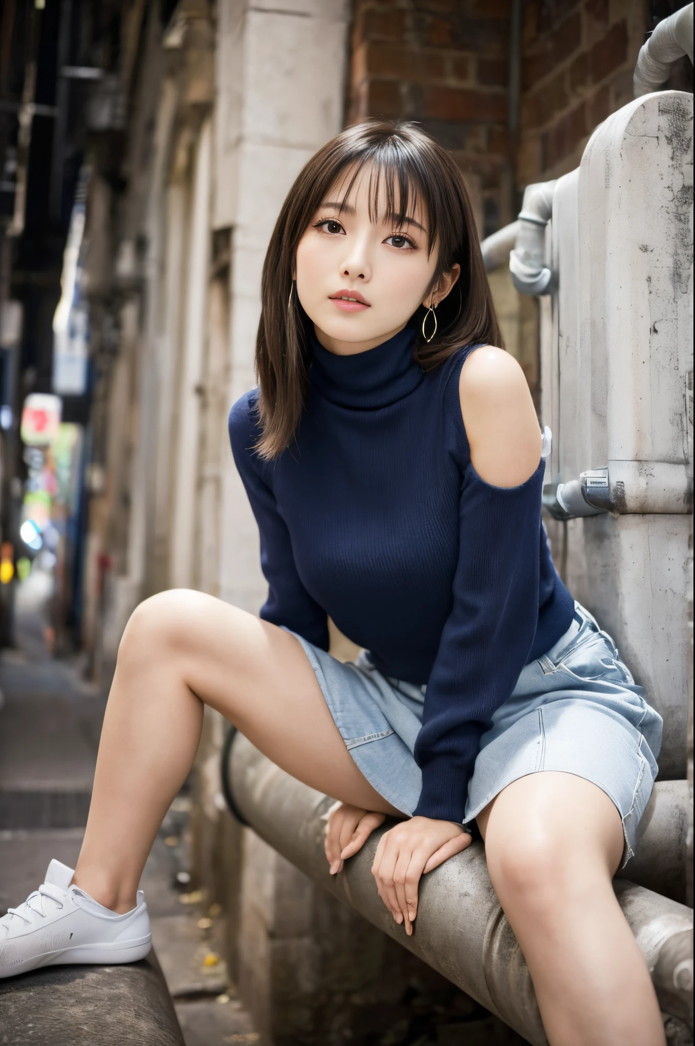 Atmospheric perspective, 8K, Super Detail, acurate, Best Quality, ((young Japanese actress, Round face)), film skin, (Correct limbs), ((Angle from below)), femele, blush, I can see the shape of the areola on the shirt, (drooping eyes, Sleepy face), emphasize the shape of the chest, (Ecstasy), ((Masturbate while straddling the exposed pipe with your crotch)), (Open legs, raise leg), sona, Closes up long hair, Winter clothes, Shirt, Areola swelling, Skirt, small earring, Night, Back alley,