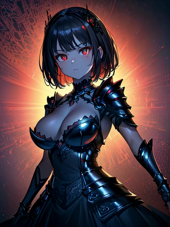 ((masterpiece、top-quality:1.5、a high chroma:1.5、ultra-detailliert、high-resolution illustrations:1.5、Ultra-high-definition CG、8k size wallpaper、offcial art))、((s fractal art:1.5))、(highly colorful:1.5),(front view:1.8),(1girl),(Cute little girl s:1.5)(Shining red eyes:1.5),(Beautiful face:1.5,Beautiful eyes:1.5)、(close to viewer:1.5),
(clear face:1.3)、(sexy body),((Detailed dark fantasy armor dress:1.5)),((intricate detailes,detailed dress)), (Beautiful dress in every detail),(large breasts:1.5),(Shining red eyes:1.2),upper body、(metal shine:1.5),Dark Fantasy,云、colourfull
