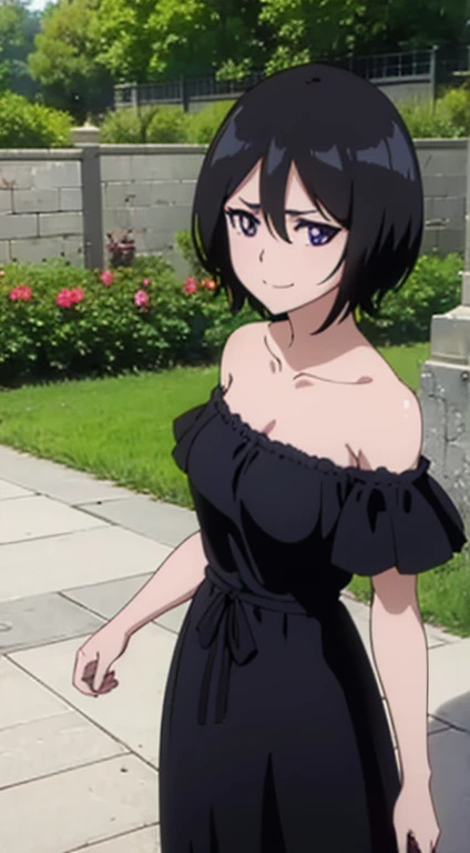 anime screencap, garden background, outside, sunny day, 1 girl, solo, smile, short hair, black hair, purple eyes, black dress, Ruffle Off-the-Shoulder Top, Off-the-Shoulder Dress, Strapless black Dress, bare arms, maxi dress, bare shoulders, looking at viewer, hair between eyes,