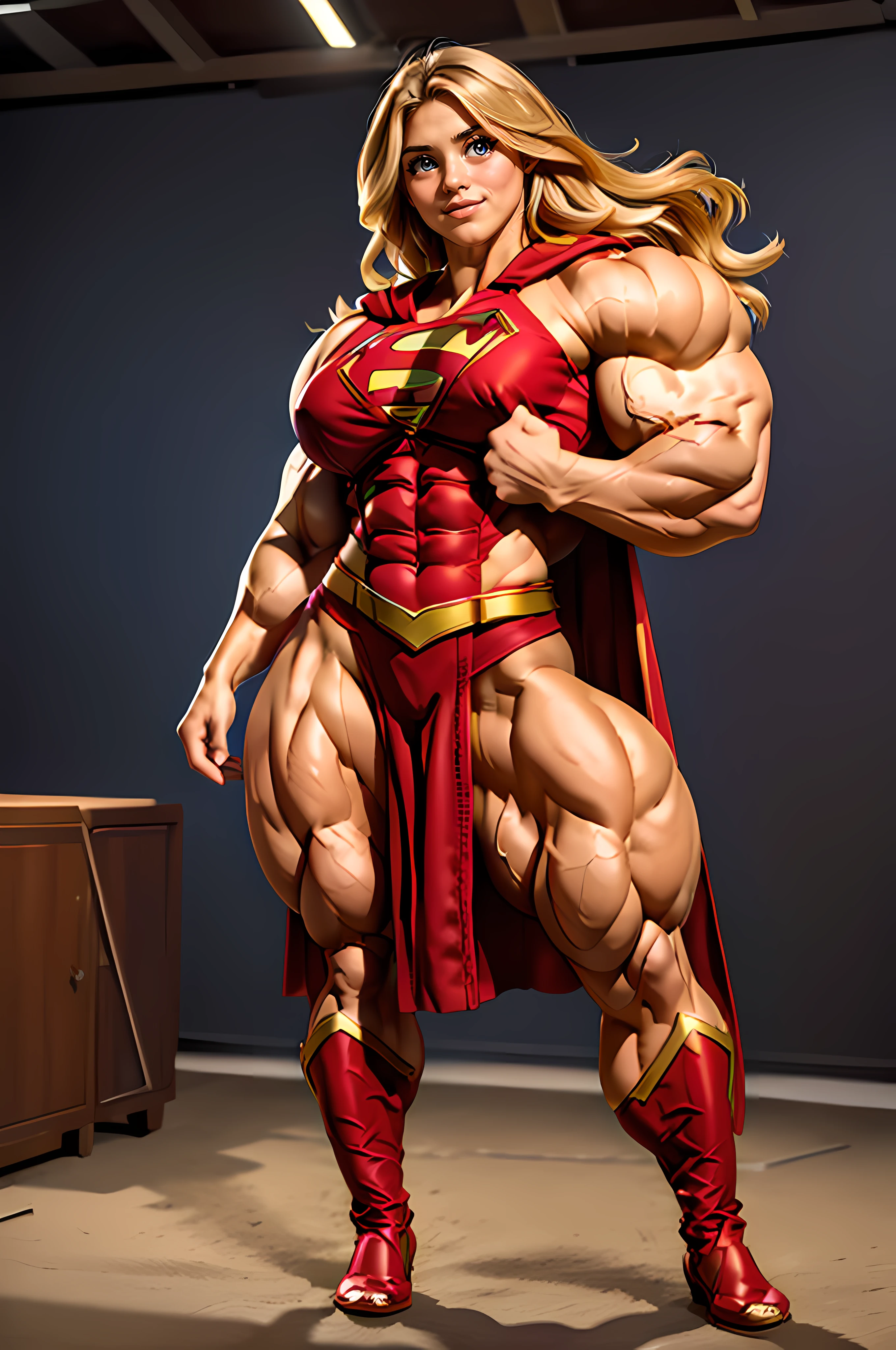 best quality,4k,8k, high res, masterpiece:1.2),ultra-detailed, realistic, photorealistic:1.37, dynamic, action-filled background, bombshell young version of Cameron Diaz cosplaying as Supergirl, Flowing red cape, Hyper fit, incredible shape, fun, charismatic, detailed eyes, detailed lips, beautiful engaging smile, sexy and confident, ((huge muscles))