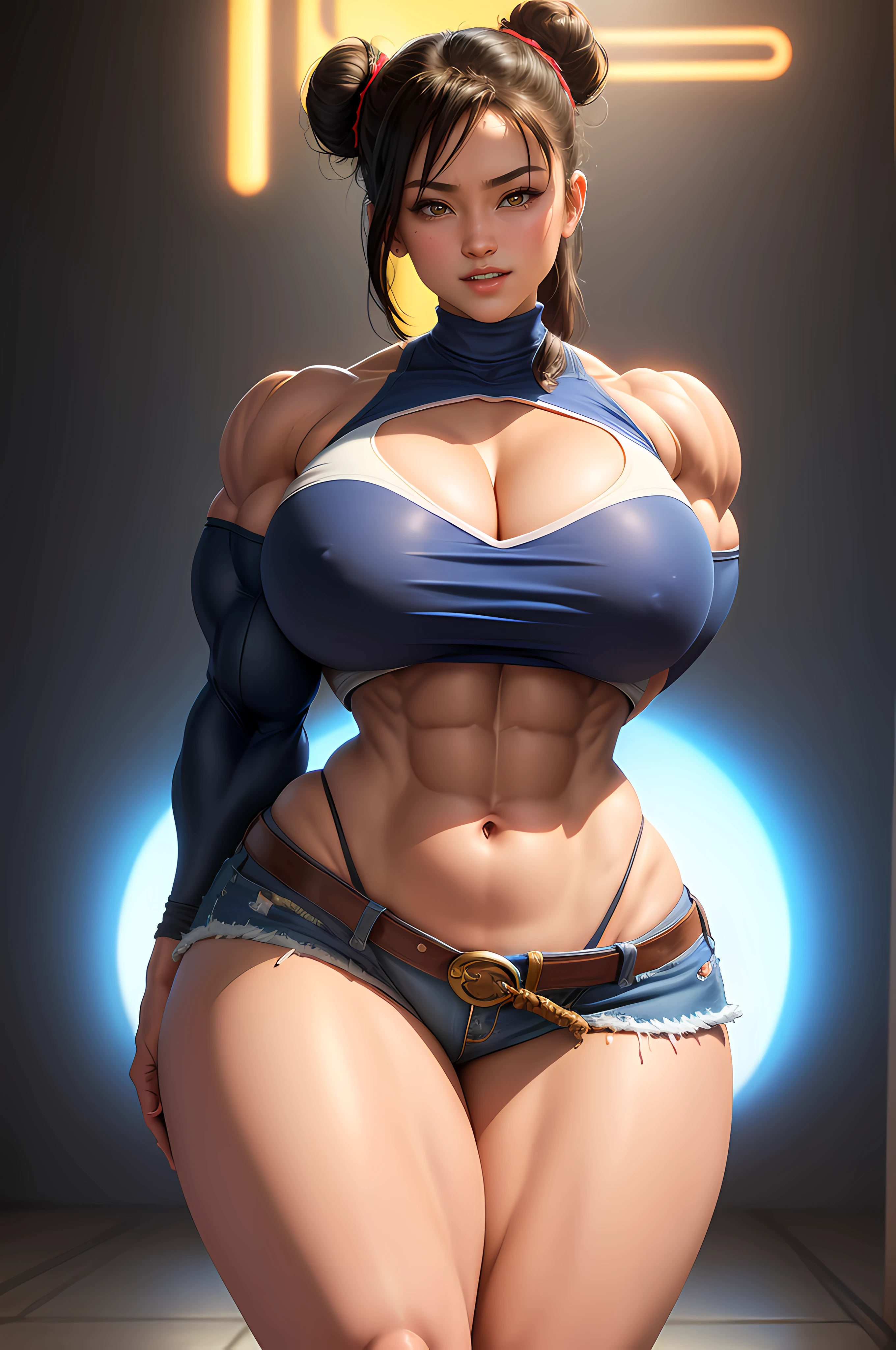 Chun Li (smiling) Street Fighter wearing ripped lowrider jeans and a crop top, art by Artgerm, anime half-body portrait of a model ((HH-size breasts, very Thick thighs, athletic build, feminine form, lythe body, black hair, twin buns, 20 years old, youthful face, cleavage)) wearing a crop top, wearing ripped lowrider jeans, cheerful smile, 4k, beautiful woman with soft blue eyes, key light reflected in the eyes, posing for the camera, painted background, studio portrait, soft light, bezel lighting, shimmer in the eyes, bokeh background, picturesque, 8K, HDR, RGB, Ultra-HD, ((((huge muscles))))