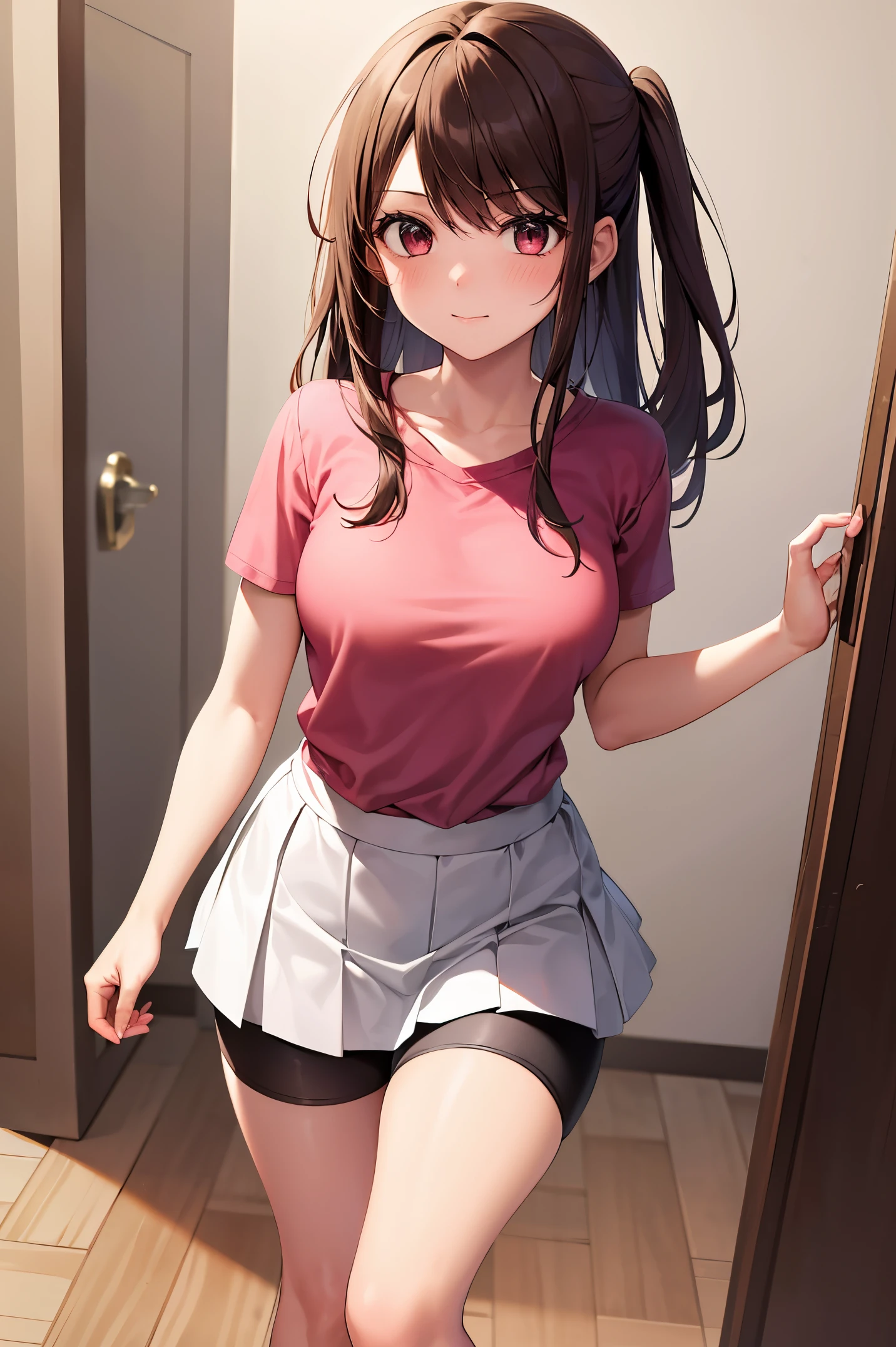 Room, 1 girl, best quality, ultra high res, long hair, brown hair, Brown eyes, pink shirt, short sleeves, white skirt, pleated skirt, miniskirt, bike shorts, bike shorts under skirt, looking at viewers, small breast, standing, pov, slim body