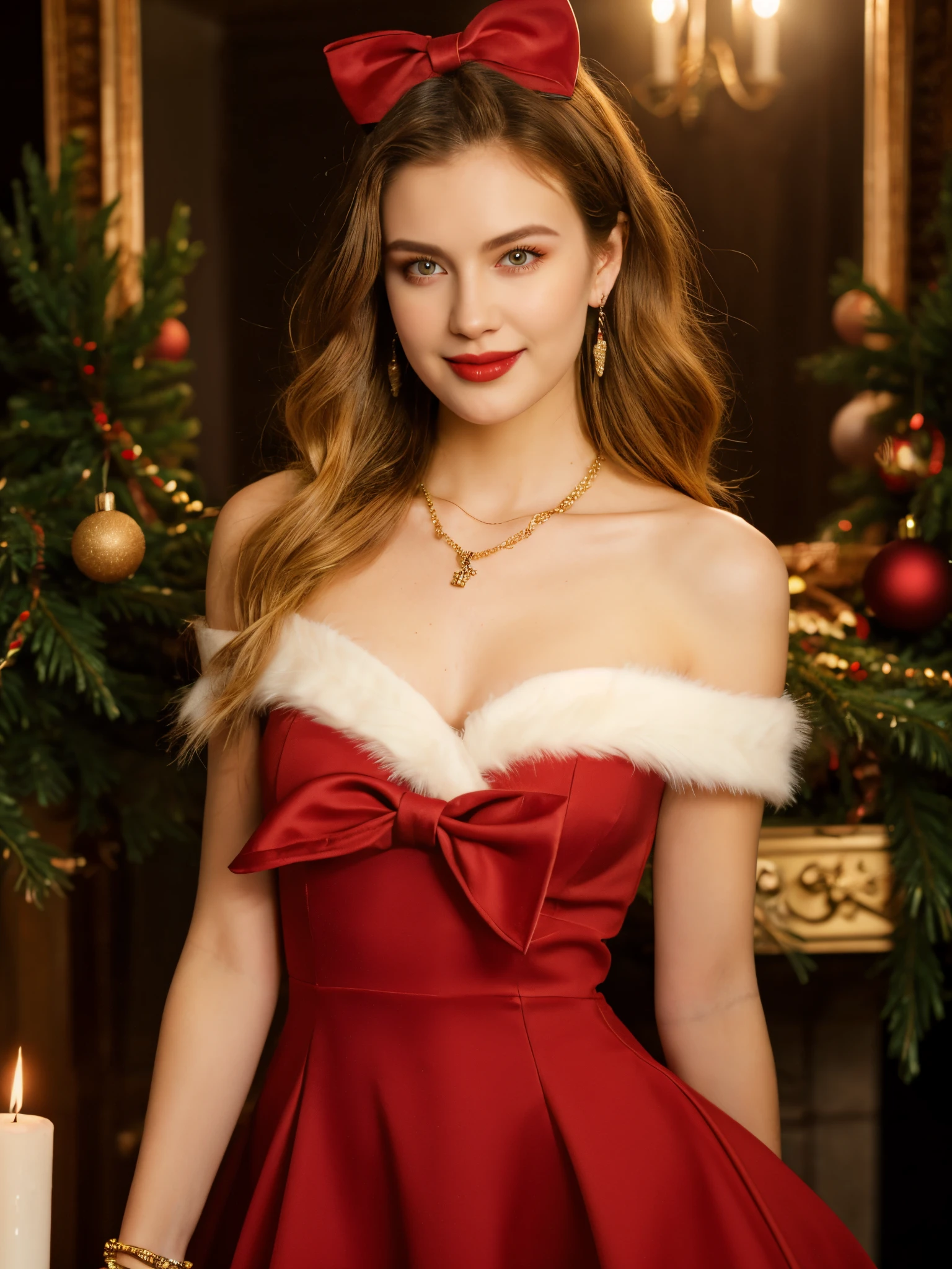 1girl, jewelry, dress, solo, breasts, earrings, necklace, bow, candle, red dress, christmas, bare shoulders, looking at viewer, hair bow, long hair, indoors, cleavage, red bow, christmas tree, blonde hair, medium breasts, fur trim, strapless, off-shoulder dress, brown hair, smile, strapless dress, collarbone, lips, christmas ornaments, off shoulder, bracelet, fur-trimmed dress, ribbon