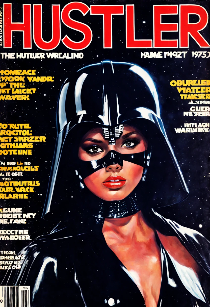 Seductive, empowered portraits glowing with diversity and allure - this hustler magazine cover,1girl as (dath vader:1.15),sexy pose, january 1975 ,upper body, masterpiece, (portrait:1.1),70s, natural face, star wars style, lightsaber, black, mask,, reclaims eroticism as a prismatic work of art.