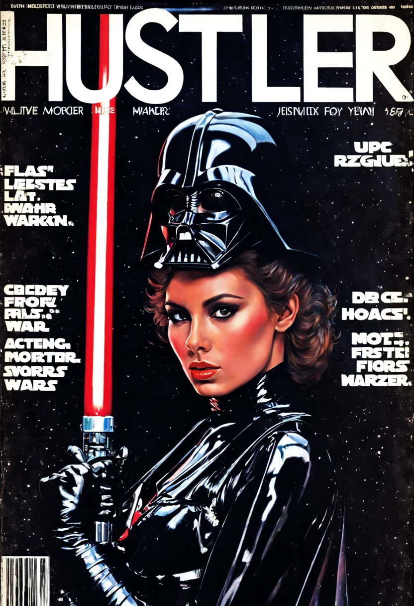 Seductive, empowered portraits glowing with diversity and allure - this hustler magazine cover,1girl as (dath vader:1.15),sexy pose, january 1975 ,upper body, masterpiece, (portrait:1.1),70s, natural face, star wars style, lightsaber, black, mask,, reclaims eroticism as a prismatic work of art.