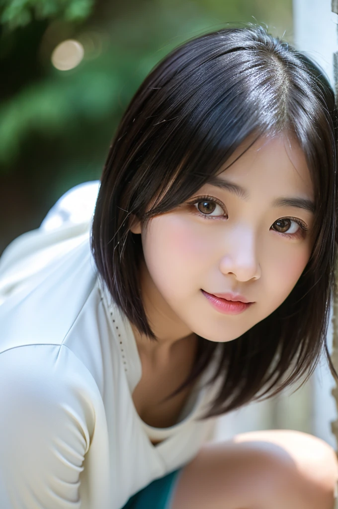 (8K、top-quality、​masterpiece:1.2)、(reallistic、Photorealsitic:1.2)（ultra-detailliert、hight resolution）(Slouched:1.3)、crouching down、(From  above:1.2)、(a closeup:1.4)Open your legs、（Sit with your knees upright:1.4）downbrouse、(Play Cajon)、Smirk,Alafed Girl, chiho, iwakura lain, closeup Iwakura Lain, With short hair, Shiori Teshirogi, Kotegawa Yui, hime-cut, She is 17 years old, sui ishida with black hair, lain iwakura, girl cute-fine-face, Clear pubic contours,(Small breasts), hight resolution, ighly detailed, top-quality, [​masterpiece:1.6],, ighly detailed, nffsw, finely detail, top-quality, , Cinematographic lighting, 1girl in、sixteen years old、Cute Japan Girls、perfect body type、, cute droopy eyes beautiful big eyes、Transcendent beauty　top-quality、​masterpiece、majicMIX Real、(Raw photography:1.2)、(Photorealsitic:1.4)、Shot from above　Negative Prompt