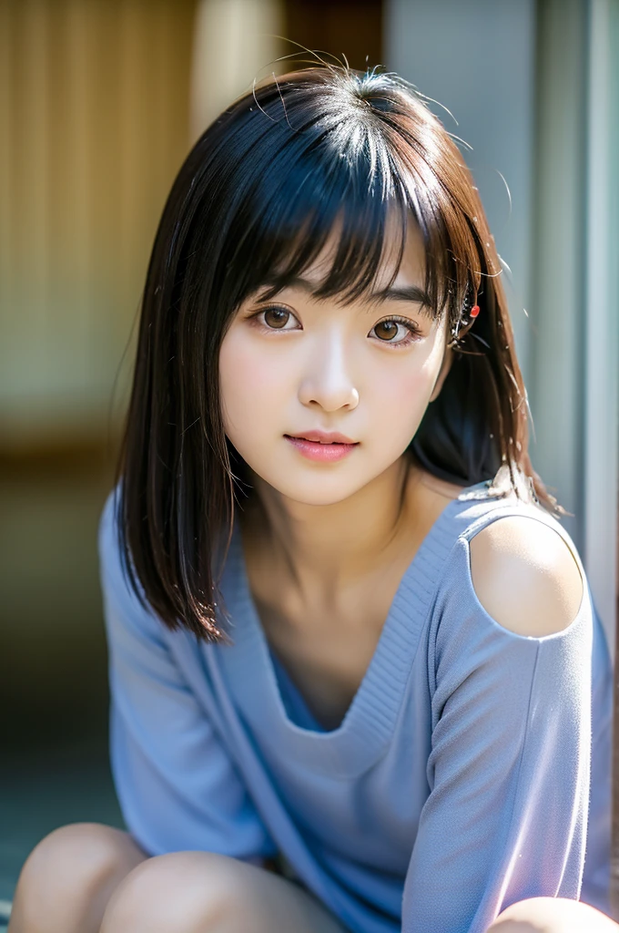 (8K、top-quality、​masterpiece:1.2)、(reallistic、Photorealsitic:1.2)（ultra-detailliert、hight resolution）(Slouched:1.3)、crouching down、(From  above:1.2)、(a closeup:1.4)Open your legs、（Sit with your knees upright:1.4）downbrouse、(Play Cajon)、Smirk,Alafed Girl, chiho, iwakura lain, closeup Iwakura Lain, With short hair, Shiori Teshirogi, Kotegawa Yui, hime-cut, She is 17 years old, sui ishida with black hair, lain iwakura, girl cute-fine-face, Clear pubic contours,(Small breasts), hight resolution, ighly detailed, top-quality, [​masterpiece:1.6],, ighly detailed, nffsw, finely detail, top-quality, , Cinematographic lighting, 1girl in、sixteen years old、Cute Japan Girls、perfect body type、, cute droopy eyes beautiful big eyes、Transcendent beauty　top-quality、​masterpiece、majicMIX Real、(Raw photography:1.2)、(Photorealsitic:1.4)、Shot from above　Negative Prompt
