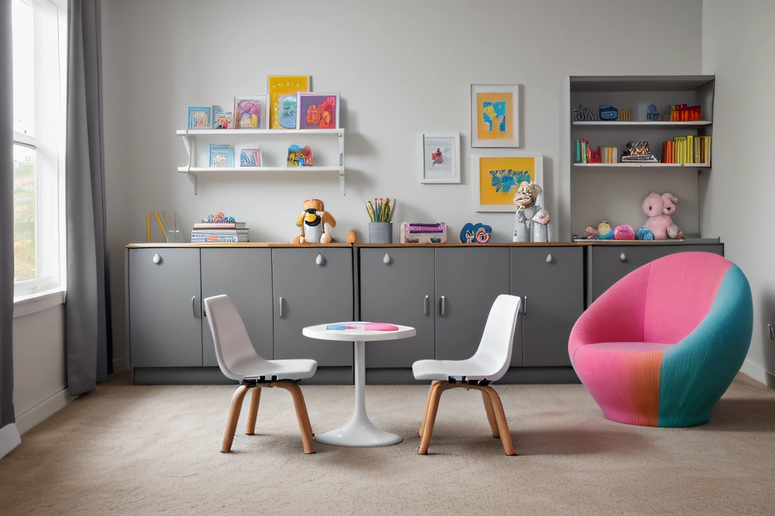 White Room,white wall,Sunlight shines in from the side,There is a white shelf,Place colorful toys and books,Streamlined fabric chair,gray fabric chair, toy room,Half cabinet with drawers,White cabinet, playful and cheerful, Colorful round decoration, furniture and decor, clean and uncluttered, Boy's room, kids toy, Gamine, kids toy,Set photo, colours, Pastel colors and minimalism, Color film,Round stool on gray carpet,gray low pile carpet