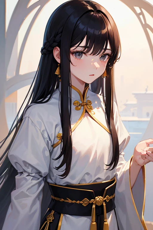 bestquality ,master-piece, illustration, Extremely Delicate and Beautiful, Very detailed , 1 Boy, Long hair pulled back, Brown eyes, Black Hair, White traditional Chinese dress, spring