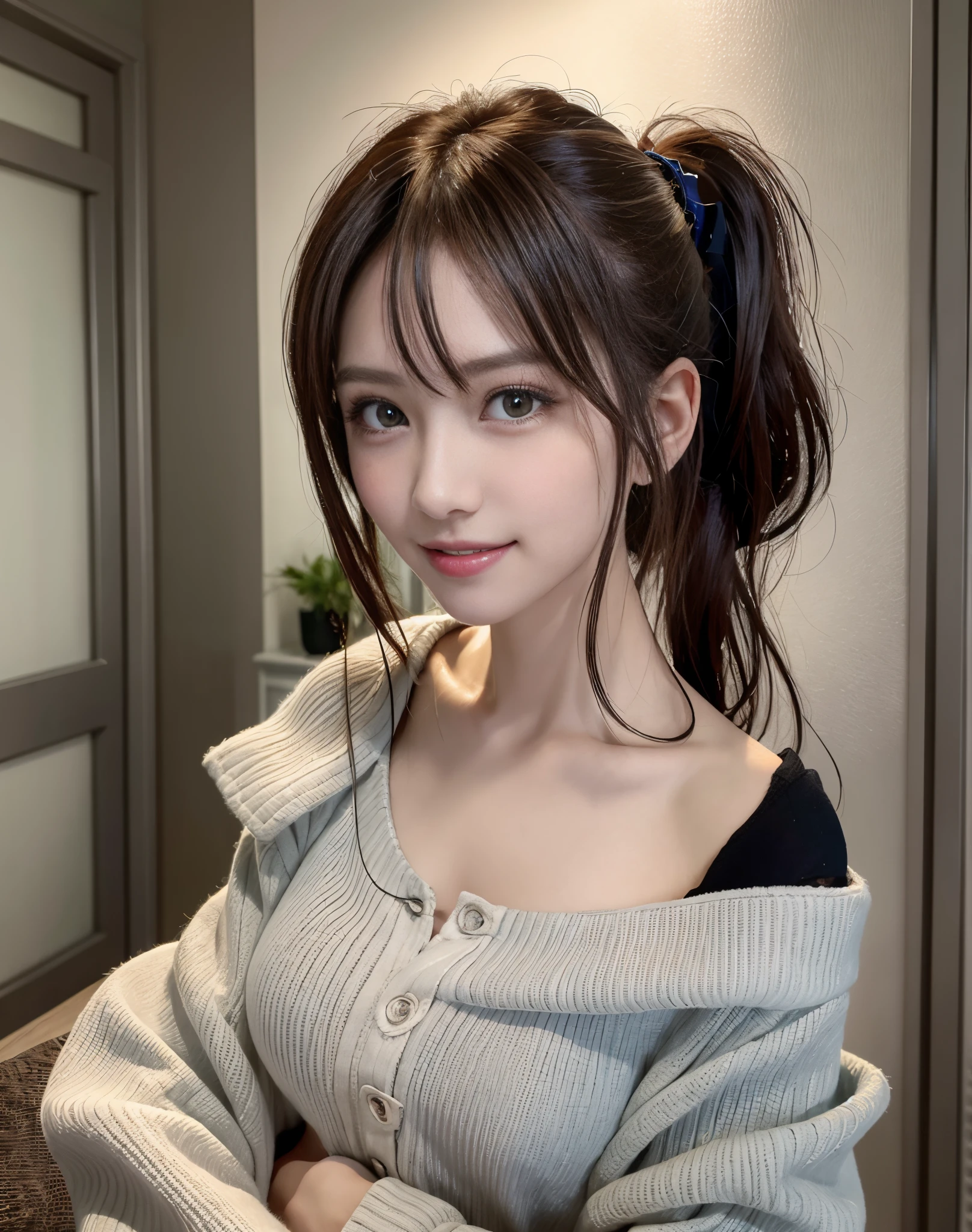 (Best Quality), (masutepiece), (High resolution), (Intricate details:0.3),(Professional Lighting), dressing gown, Detailed background,off shoulders, (Previous view), 1girl in, Solo, (Beautiful face), Slim body, Fine skin, Smile, brown hair in a ponytail, Beautiful eyes, look at at viewer,Show your teeth and smile、