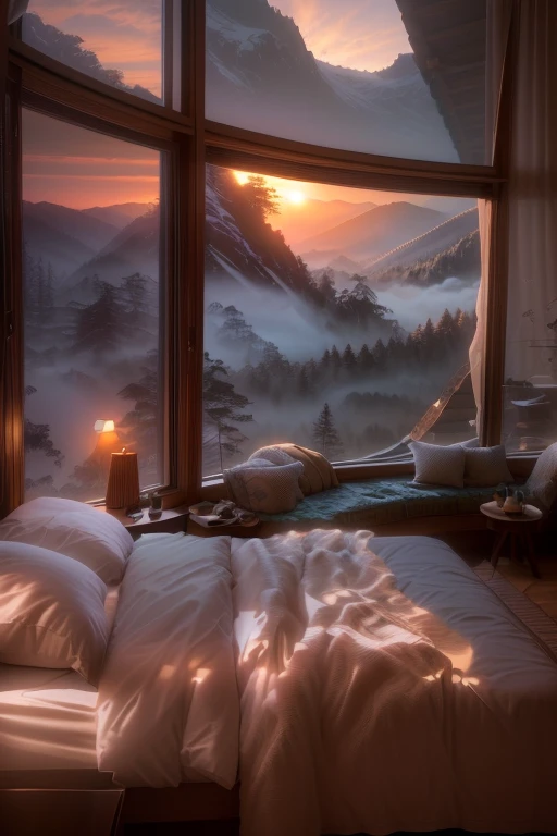 Panoramic view of the bedroom,There is a bed,Mountain view outside, cozy place, Comfortable and peaceful atmosphere, Made of trees and fantasy valley, Cooldown time. Good view, Overlooking the vast and peaceful forest, relaxing environment, blend into the mountains, cozy room, Fantastic atmosphere and drama, foggy room, overlooking valley, Large windows with views of the forest at night,Detailed scene , Precisely focused , perfect compositions , 4K分辨率 ,