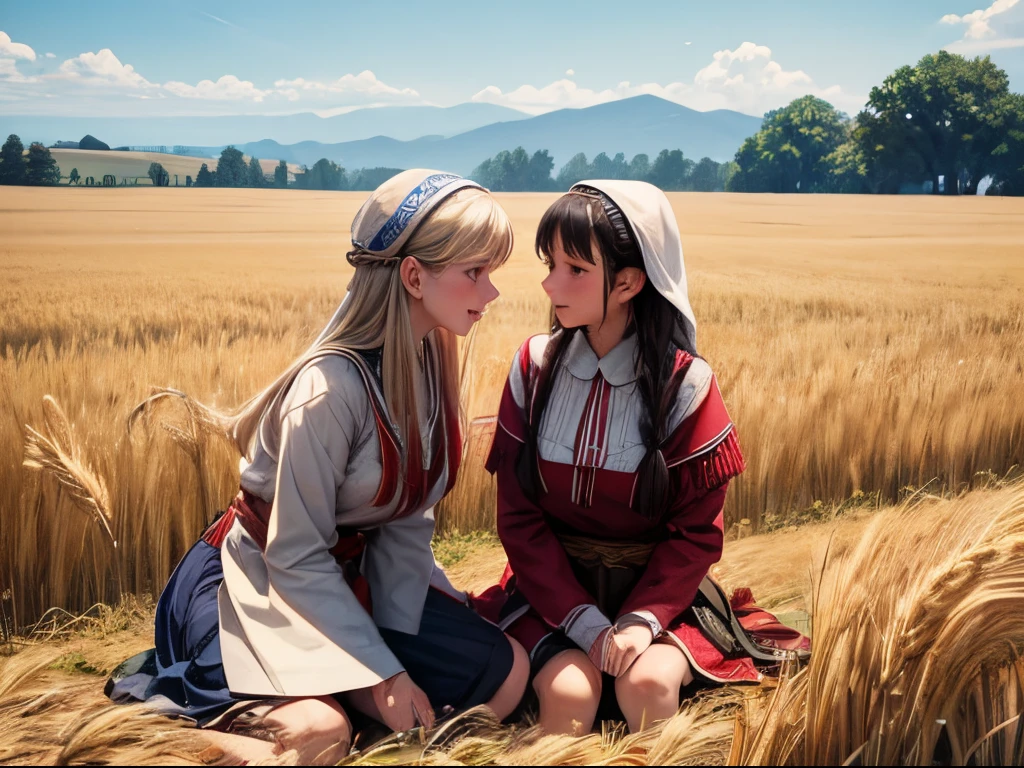 Two traditional slavic girls having sex in the wheat field