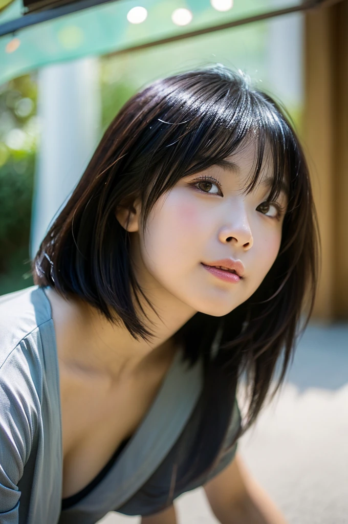 (8K、top-quality、​masterpiece:1.2)、(reallistic、Photorealsitic:1.2)（ultra-detailliert、hight resolution）(Slouched:1.3)、crouching down、(From  above:1.2)、(a closeup:1.4)Open your legs、（Sit with your knees upright:1.4）downbrouse、(Play Cajon)、Smirk,Alafed Girl, chiho, iwakura lain, closeup Iwakura Lain, With short hair, Shiori Teshirogi, Kotegawa Yui, hime-cut, She is 20 years old, sui ishida with black hair, lain iwakura, girl cute-fine-face, Clear pubic contours,(Small breasts), hight resolution, ighly detailed, top-quality, [​masterpiece:1.6],, ighly detailed, nffsw, finely detail, top-quality, , Cinematographic lighting, 1girl in、Cute Japan Girls、perfect body type、, cute droopy eyes beautiful big eyes、Transcendent beauty　top-quality、​masterpiece、majicMIX Real、(Raw photography:1.2)、(Photorealsitic:1.4)、Shot from above　Negative Prompt
